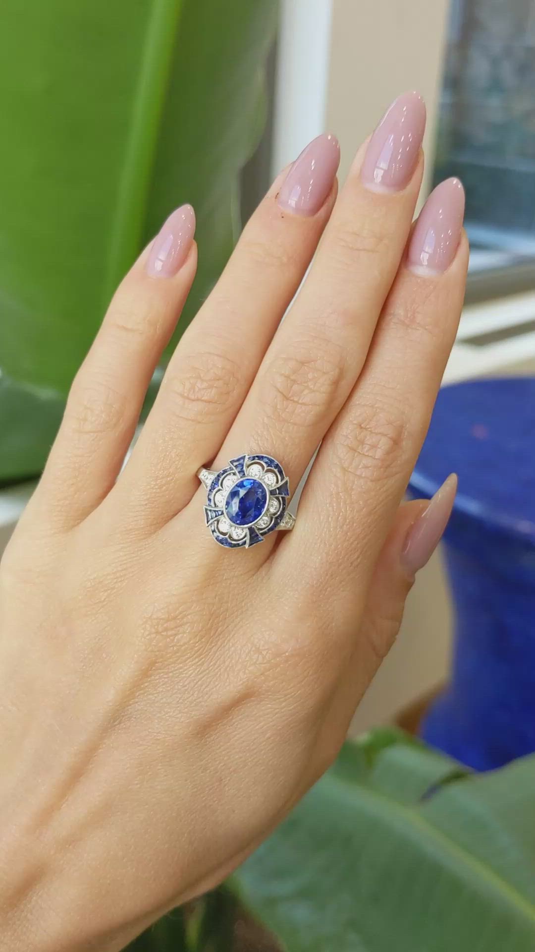 2.12 Ct. Blue Sapphire and Natural Diamond Pave Ring, Platinum 950 Size Video