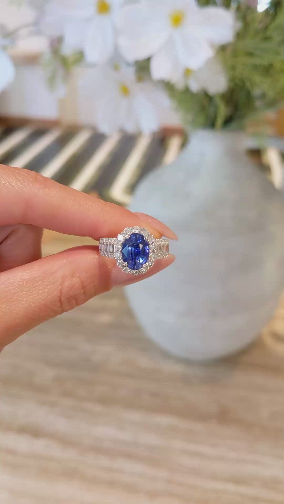 3.03 Ct. Blue Sapphire and Natural Diamond Pave Ring, 18K White Gold Size Video
