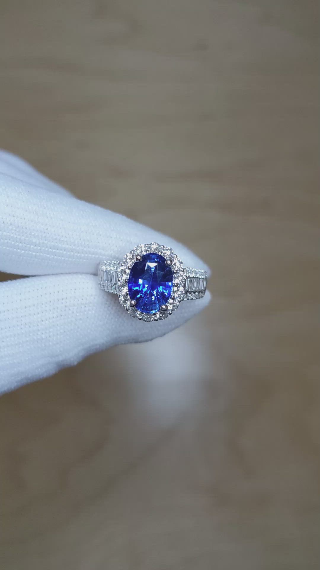 3.03 Ct. Blue Sapphire and Natural Diamond Pave Ring, 18K White Gold Size Video