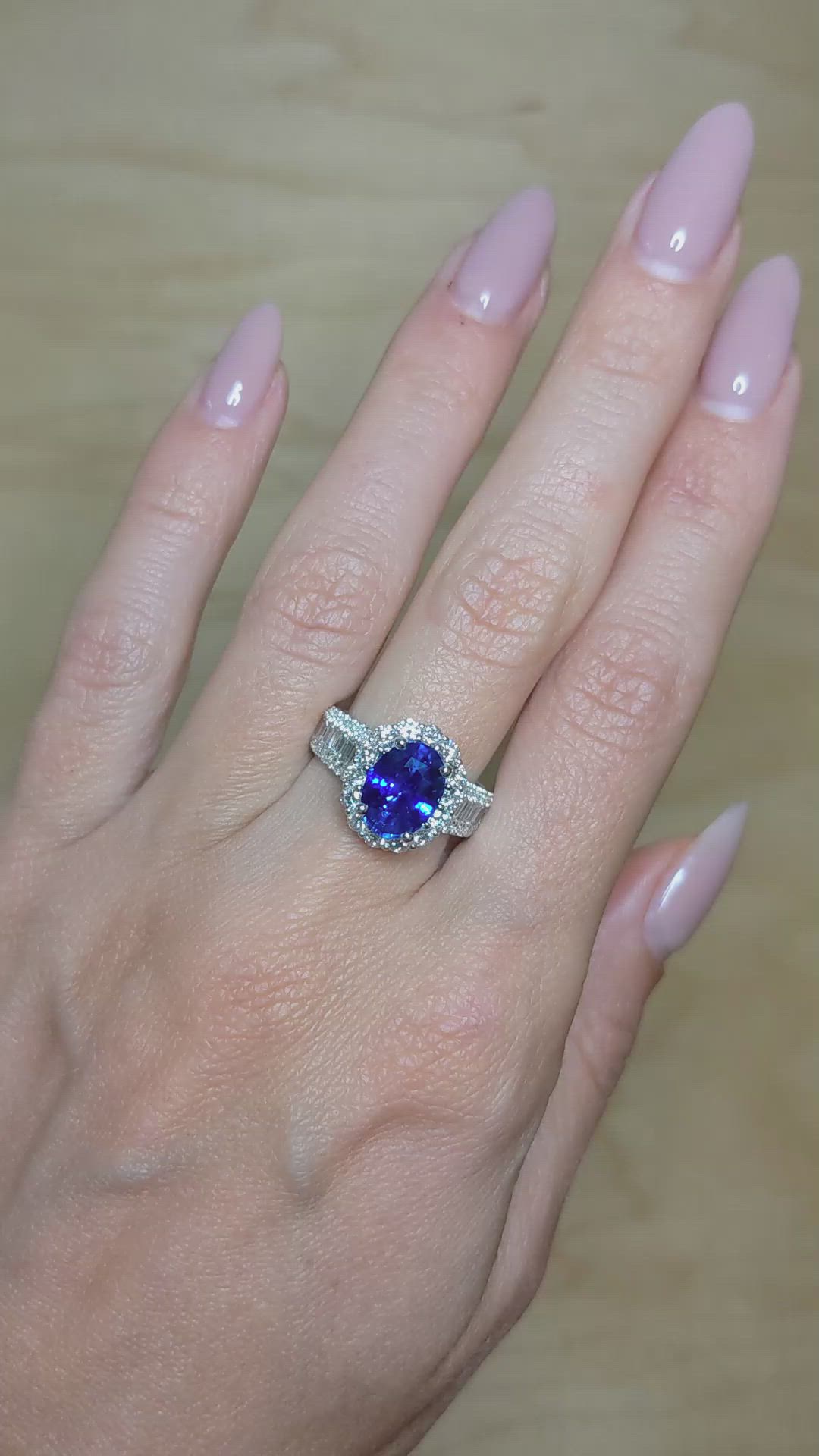3.03 Ct. Blue Sapphire and Natural Diamond Pave Ring, 18K White Gold Size Video
