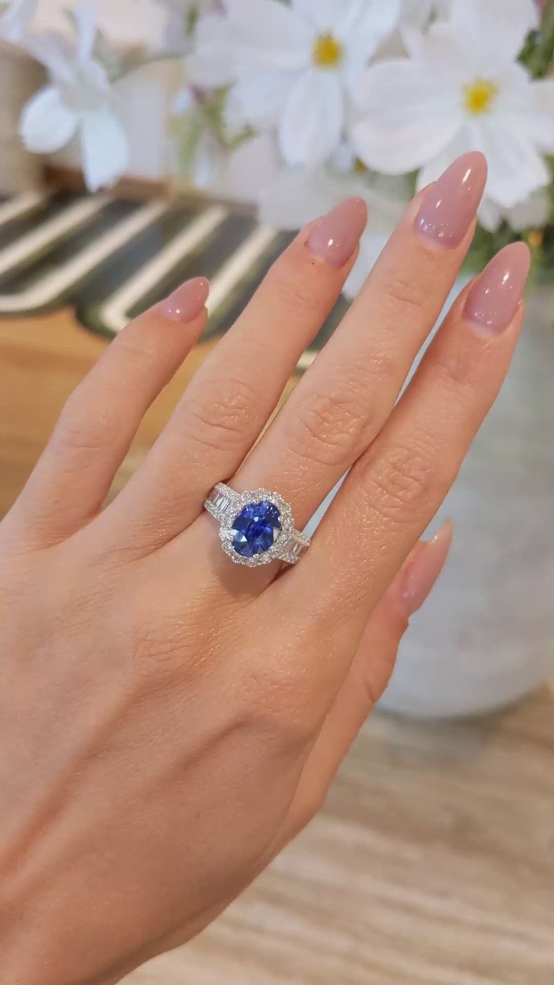 3.03 Ct. Blue Sapphire and Natural Diamond Pave Ring, 18K White Gold Size Video
