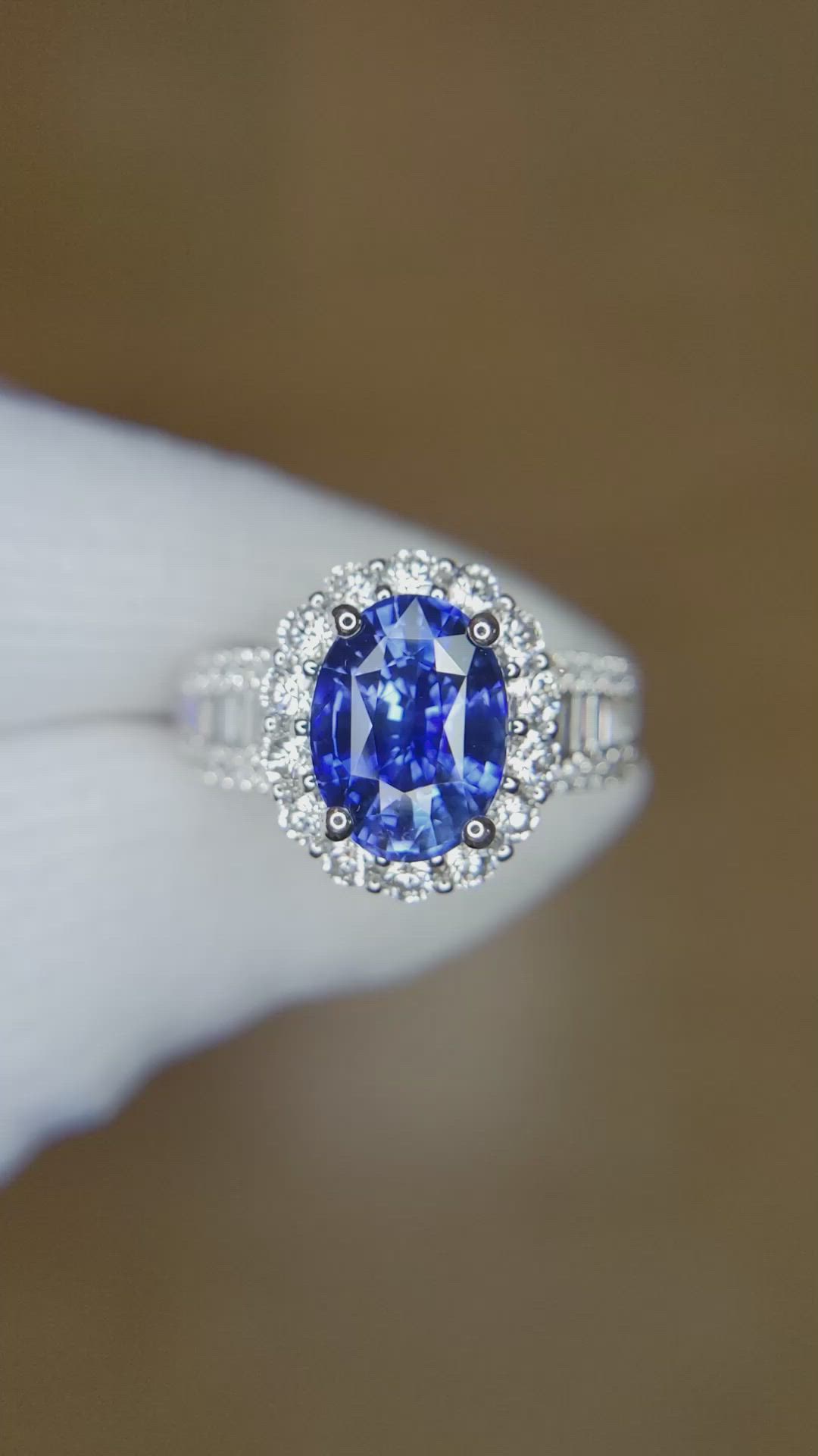 3.03 Ct. Blue Sapphire and Natural Diamond Pave Ring, 18K White Gold Size Video