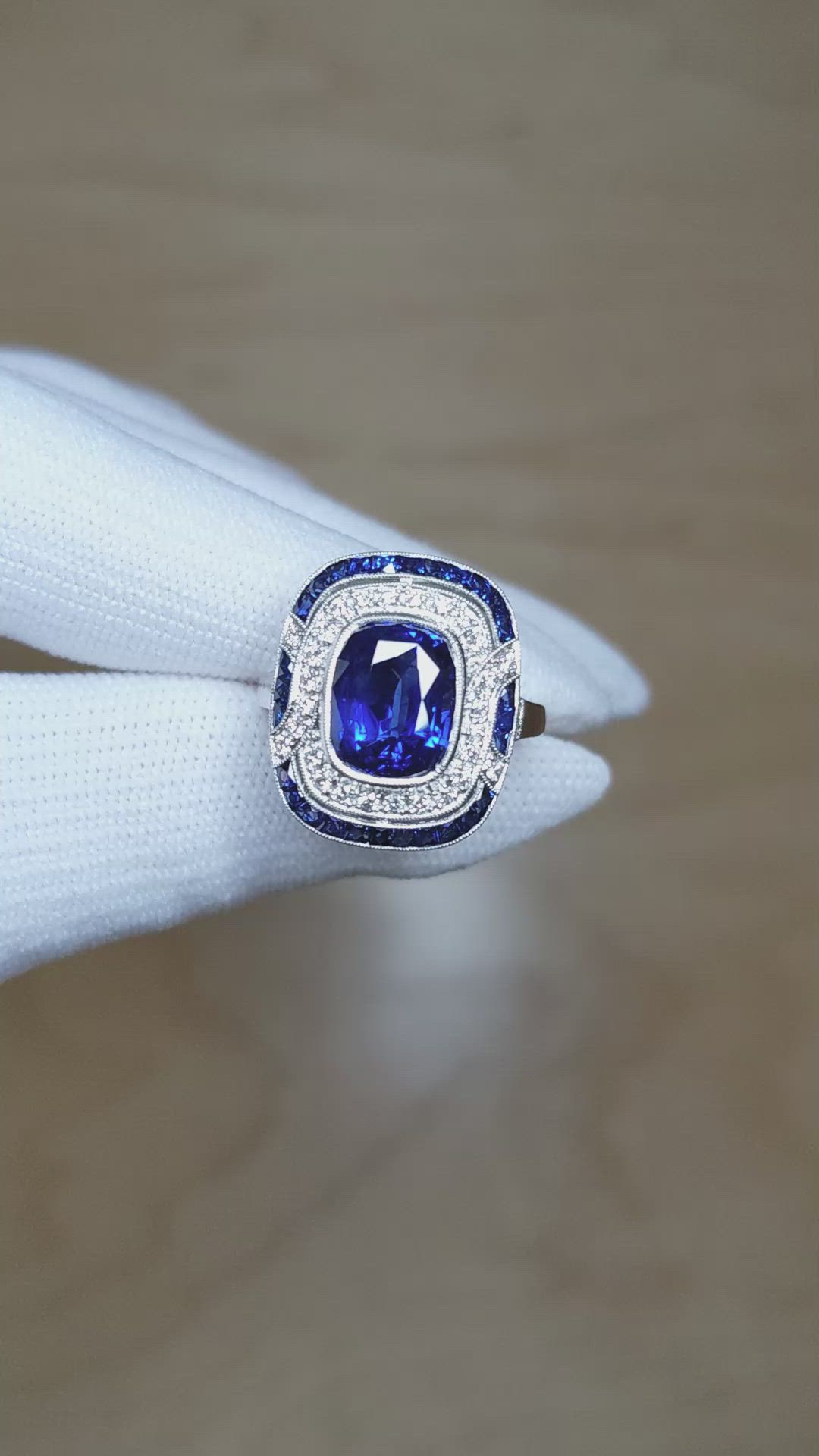 4.03 Ct. Blue Sapphire and Natural Diamond Pave Ring, Platinum 950 Size Video