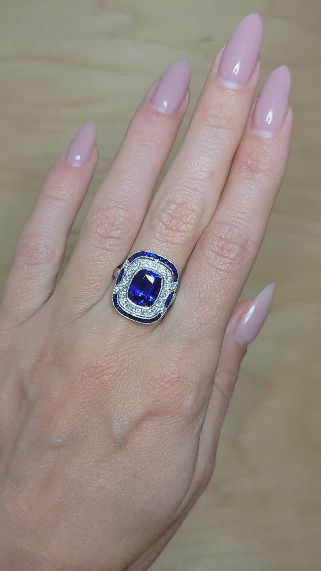 4.03 Ct. Blue Sapphire and Natural Diamond Pave Ring, Platinum 950 Size Video