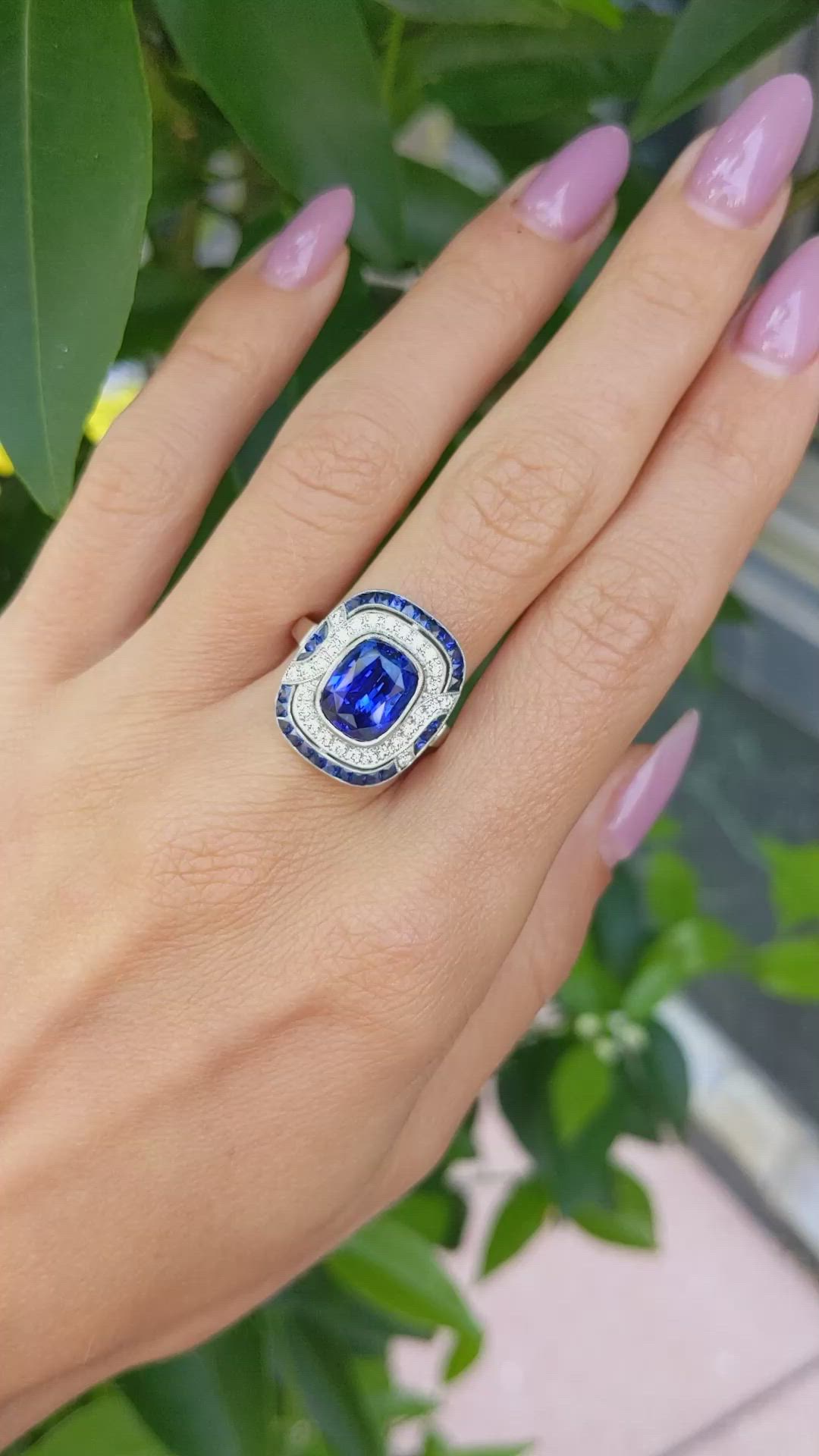 4.03 Ct. Blue Sapphire and Natural Diamond Pave Ring, Platinum 950 Size Video