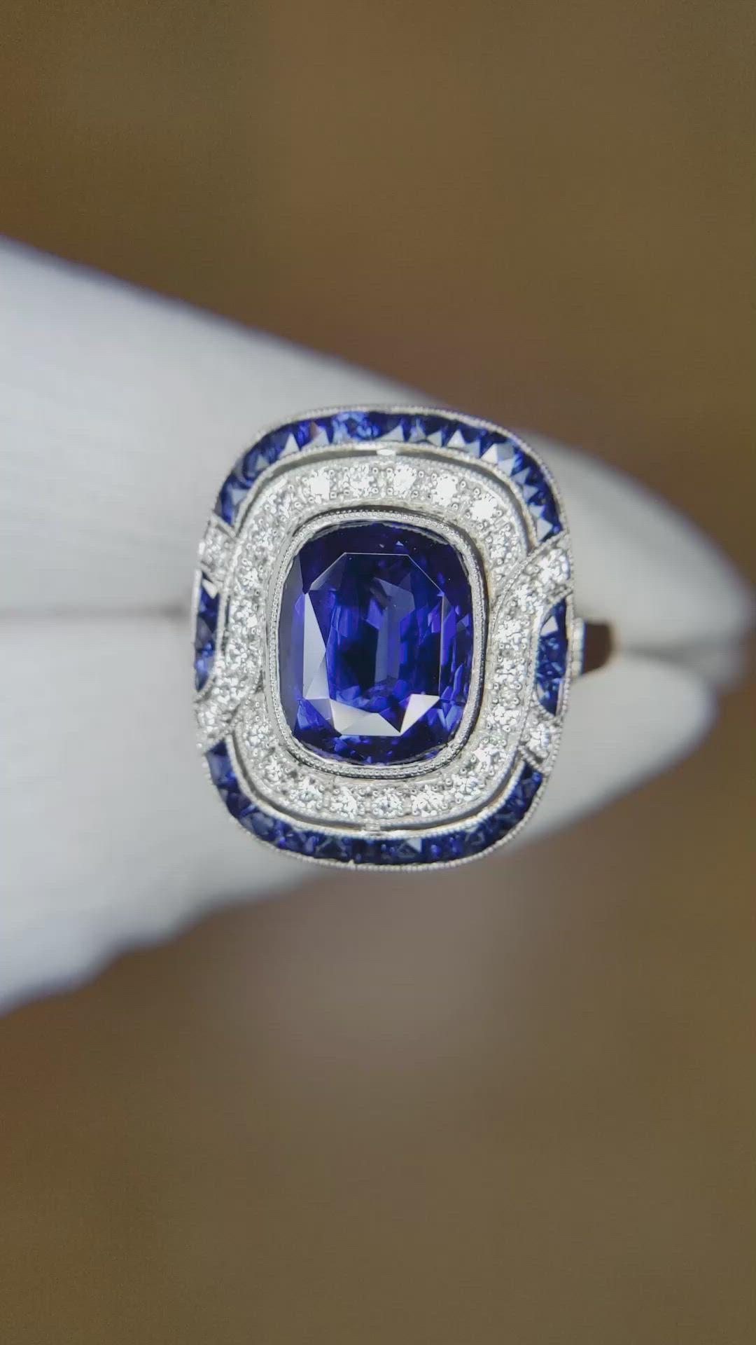4.03 Ct. Blue Sapphire and Natural Diamond Pave Ring, Platinum 950 Size Video