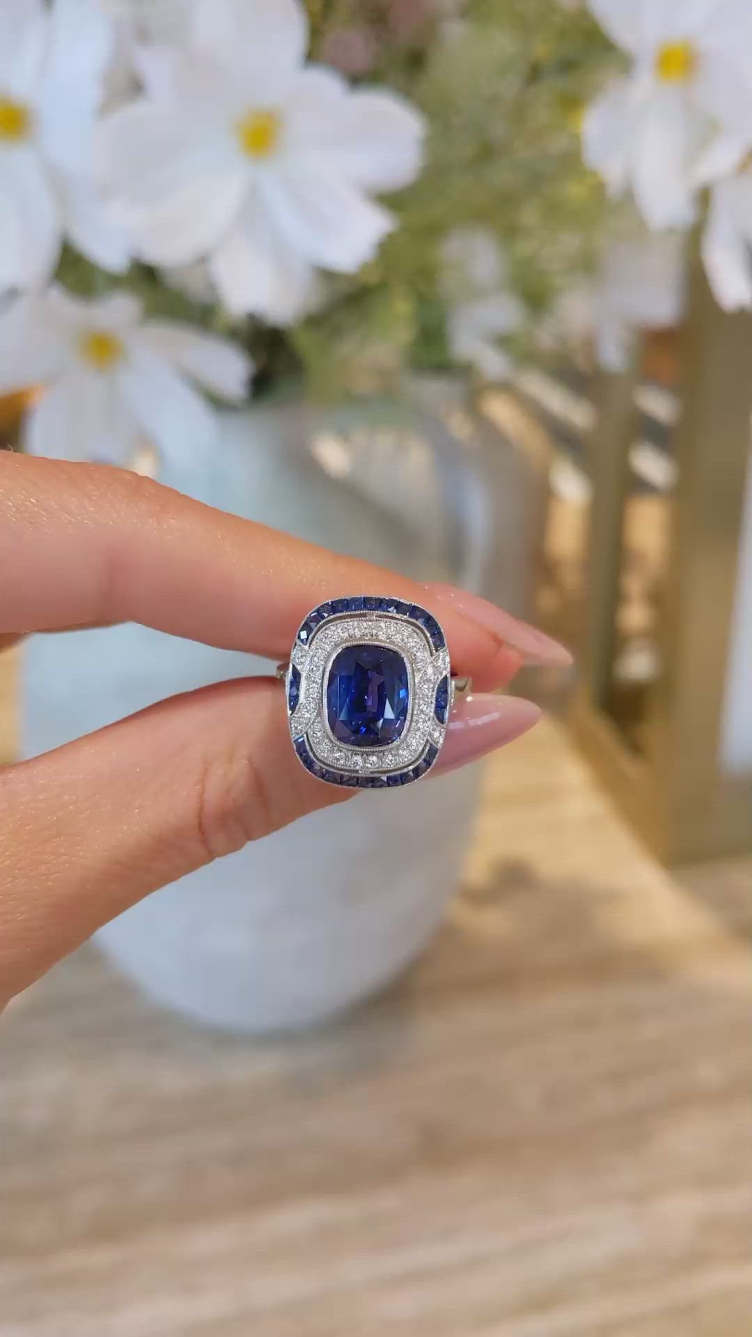 4.03 Ct. Blue Sapphire and Natural Diamond Pave Ring, Platinum 950 Size Video