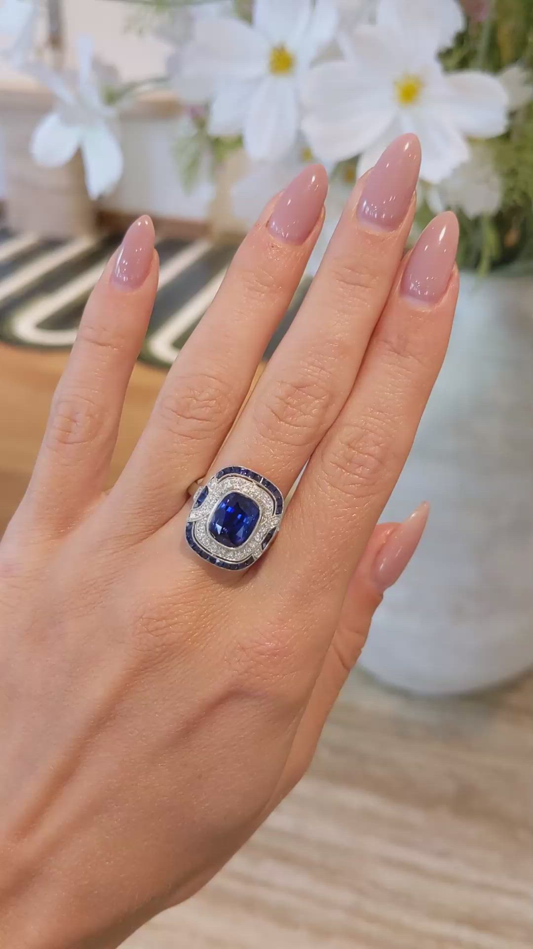 4.03 Ct. Blue Sapphire and Natural Diamond Pave Ring, Platinum 950 Size Video
