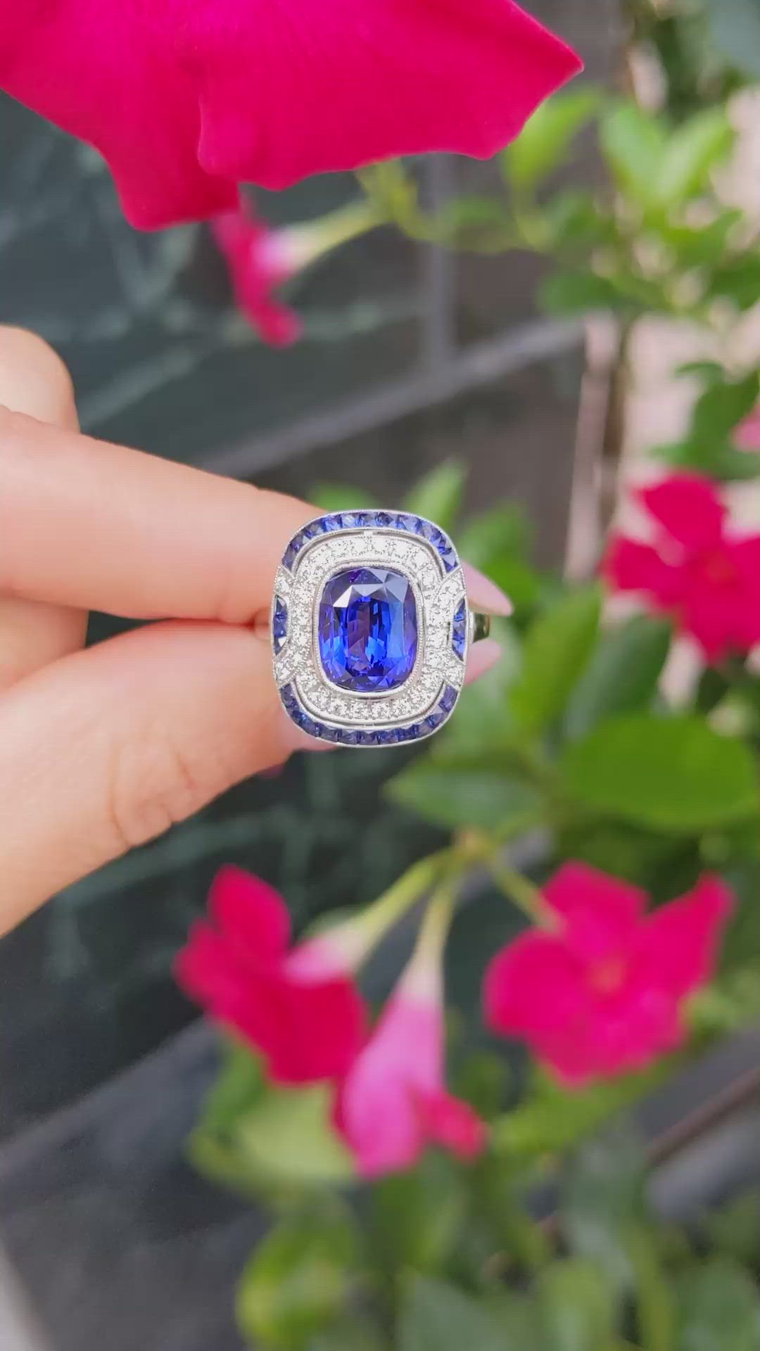 4.03 Ct. Blue Sapphire and Natural Diamond Pave Ring, Platinum 950 Size Video
