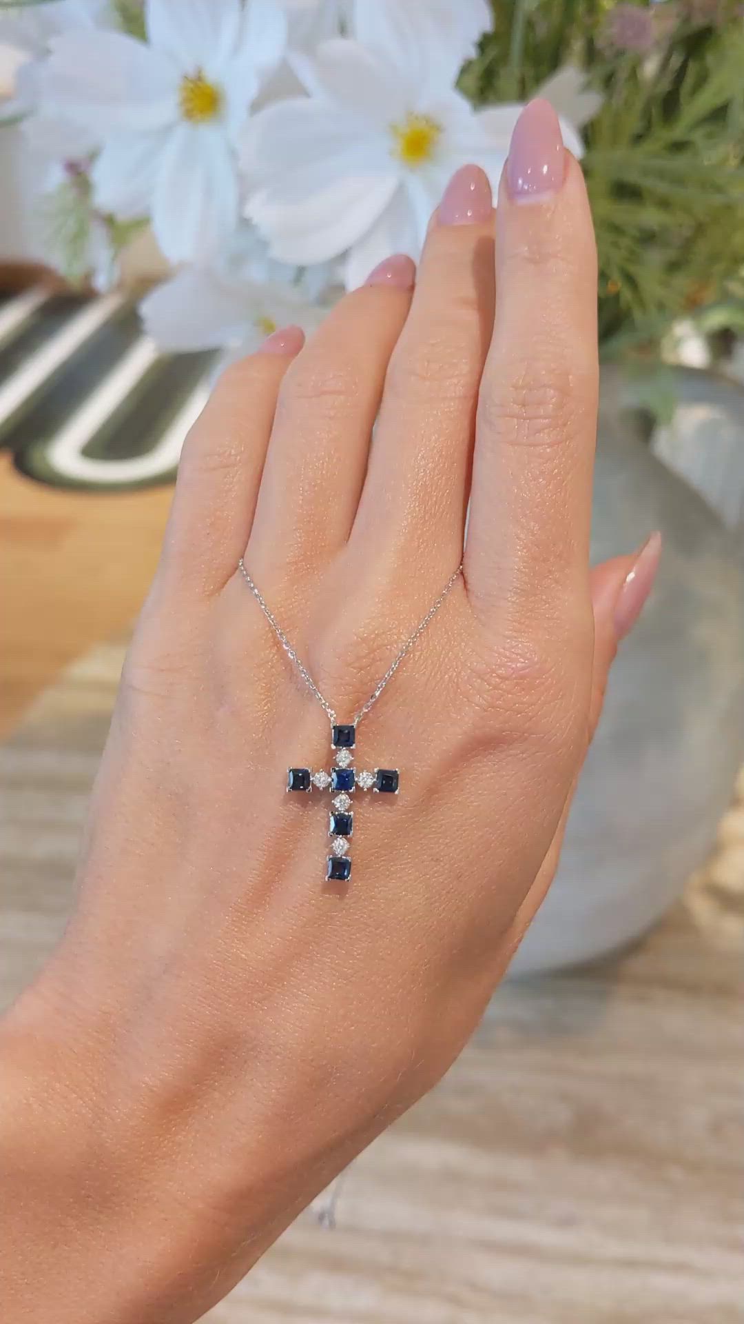 0.88 Ct. Blue Sapphire and Natural Diamond Religious Necklace, 14K White Gold Size Video