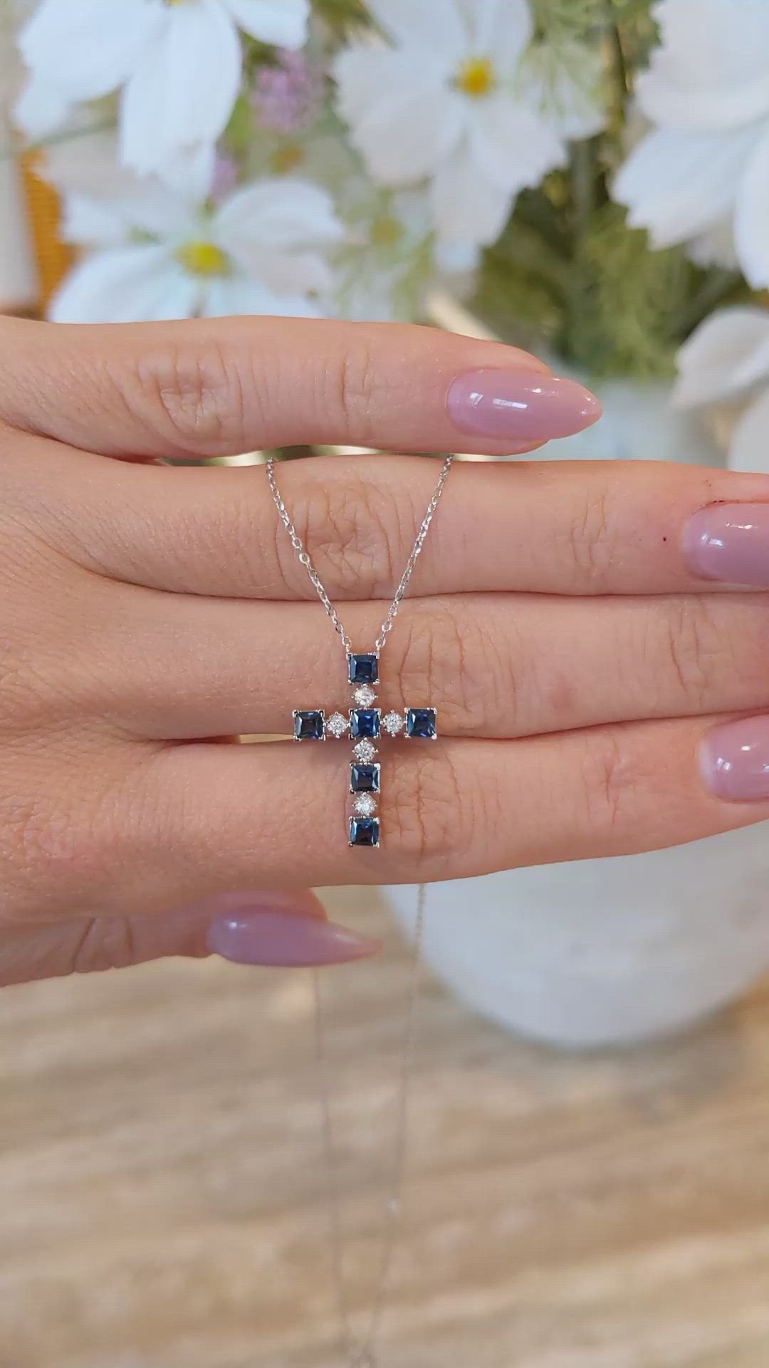 0.88 Ct. Blue Sapphire and Natural Diamond Religious Necklace, 14K White Gold Size Video