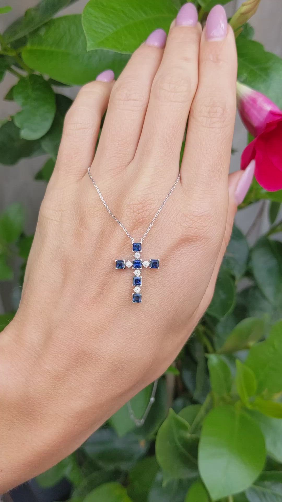 0.88 Ct. Blue Sapphire and Natural Diamond Religious Necklace, 14K White Gold Size Video