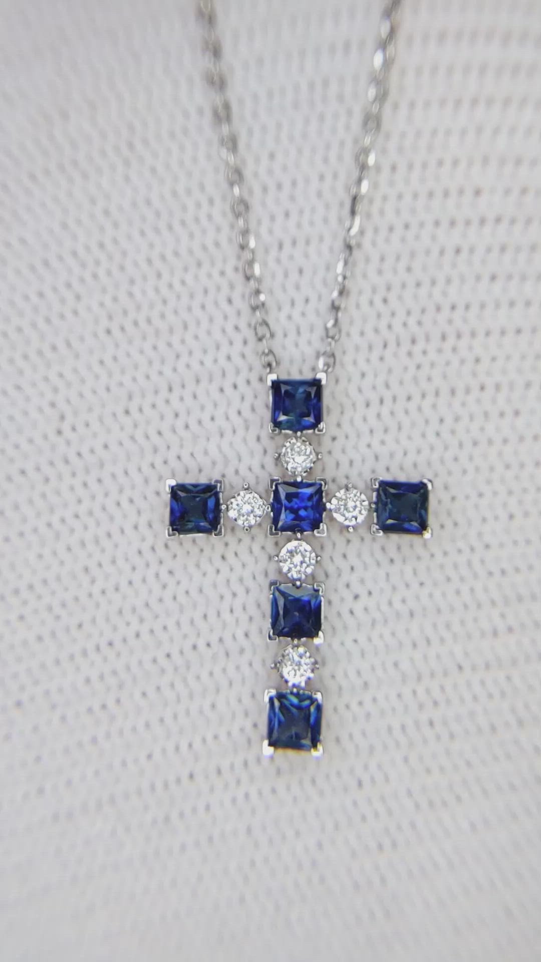 0.88 Ct. Blue Sapphire and Natural Diamond Religious Necklace, 14K White Gold Size Video
