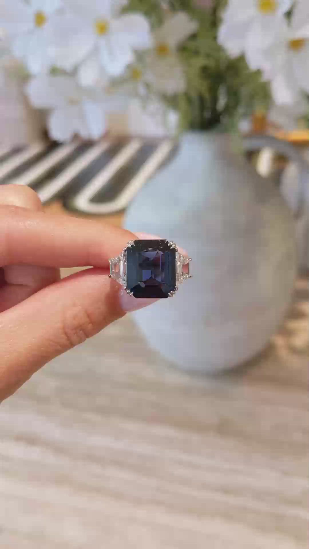 10.24 Ct. Blue Sapphire and Natural Diamond Three Stone Ring, Platinum 950 Size Video