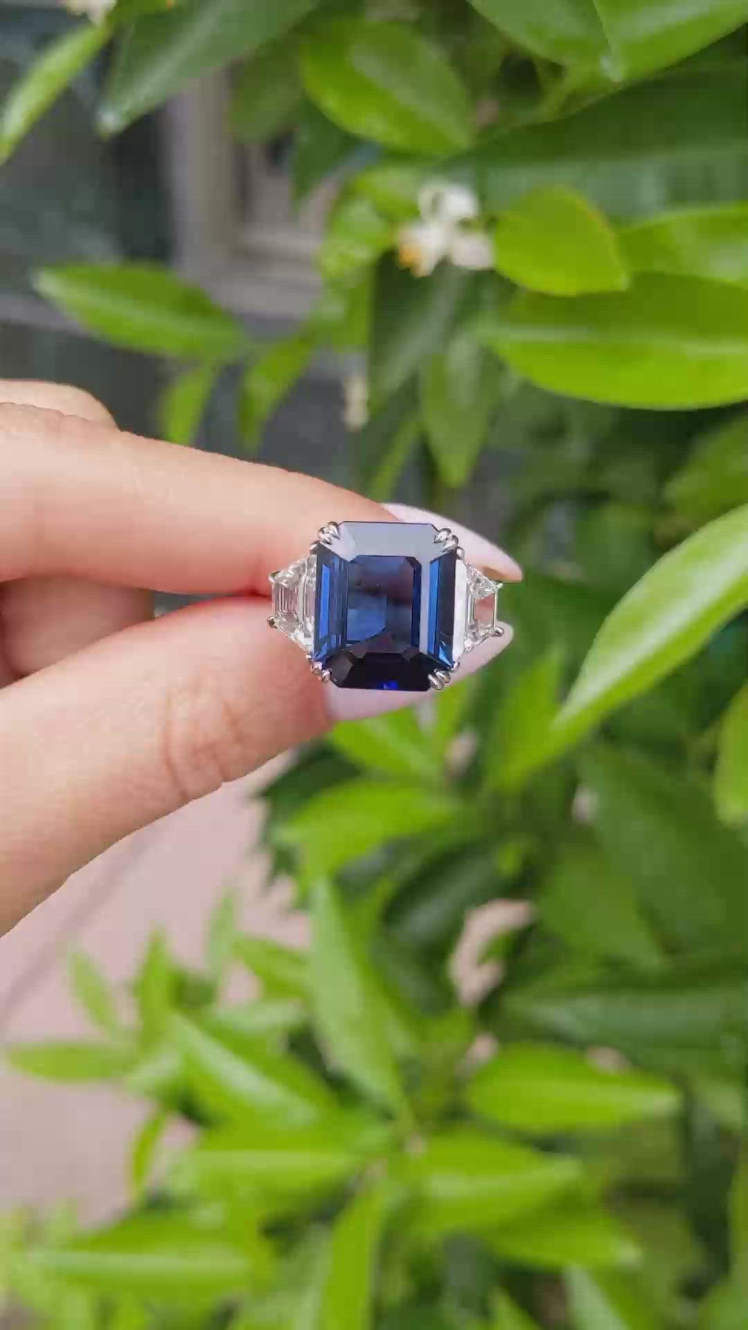 10.24 Ct. Blue Sapphire and Natural Diamond Three Stone Ring, Platinum 950 Size Video