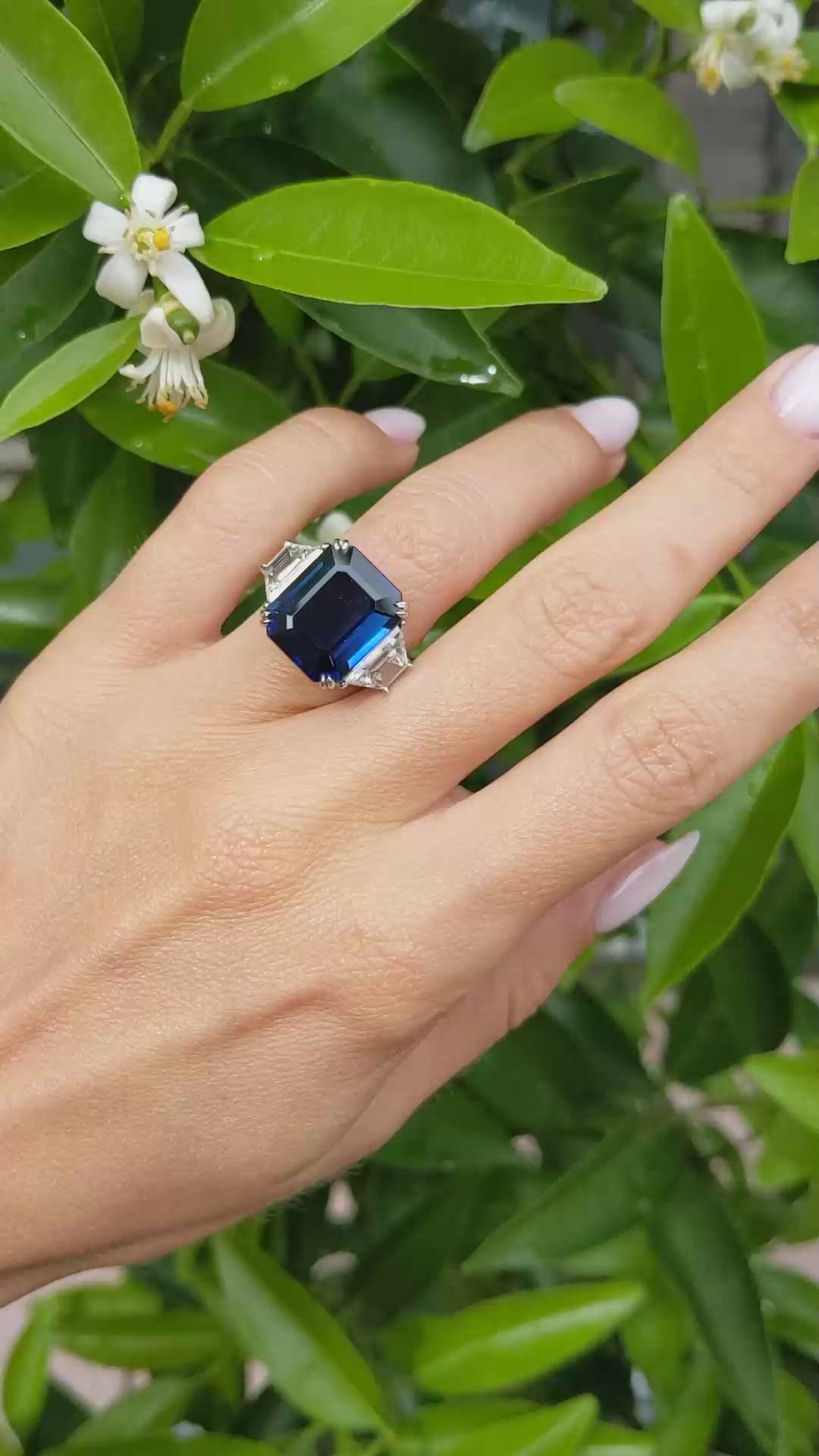 10.24 Ct. Blue Sapphire and Natural Diamond Three Stone Ring, Platinum 950 Size Video