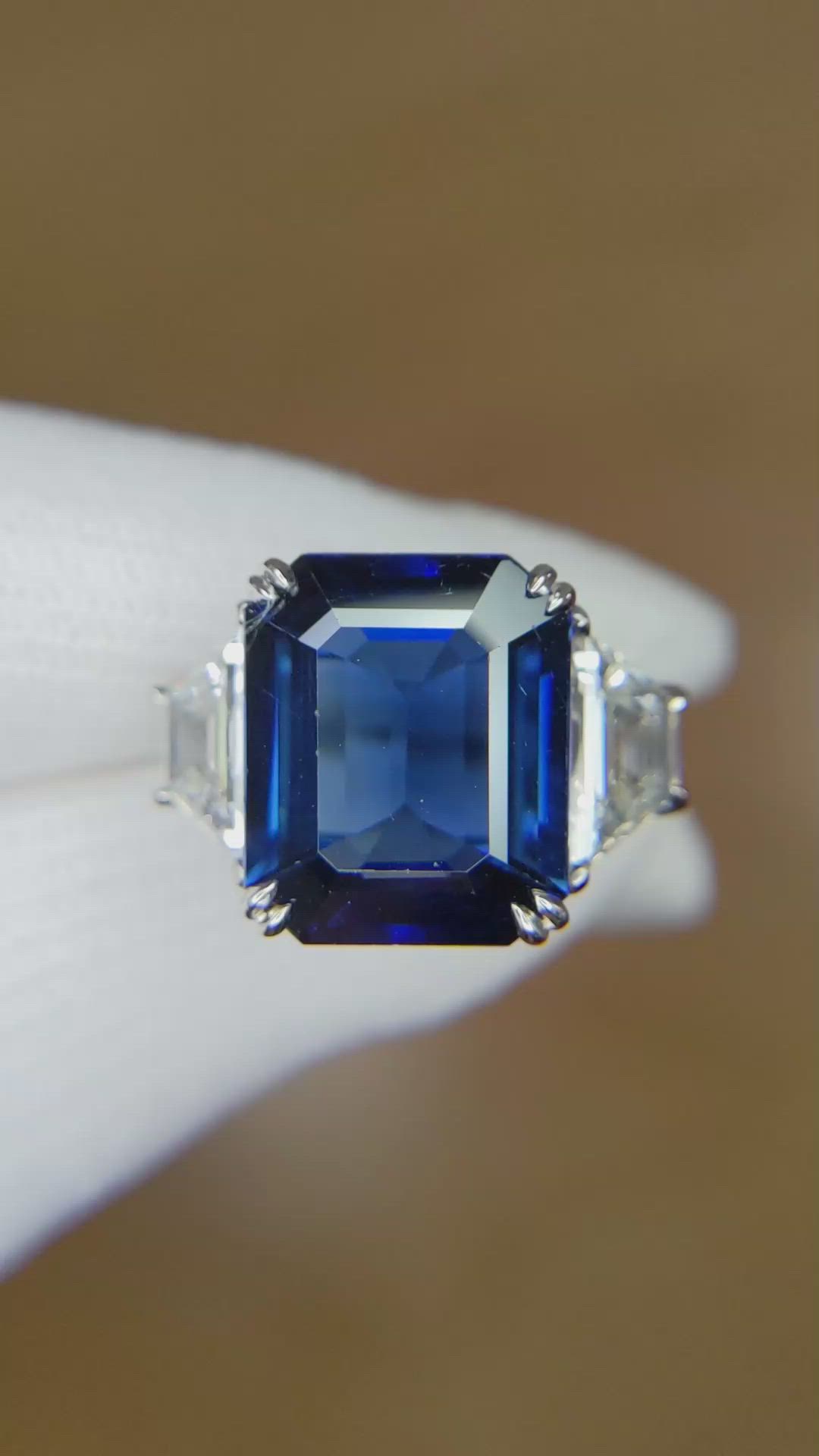 10.24 Ct. Blue Sapphire and Natural Diamond Three Stone Ring, Platinum 950 Size Video