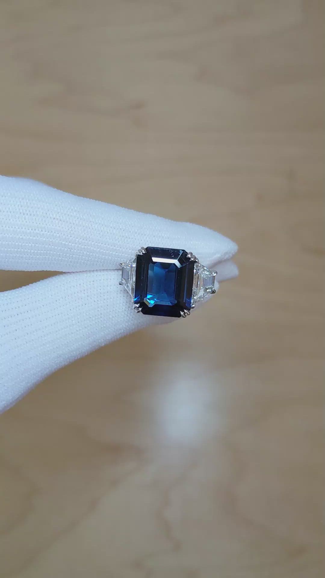 10.24 Ct. Blue Sapphire and Natural Diamond Three Stone Ring, Platinum 950 Size Video