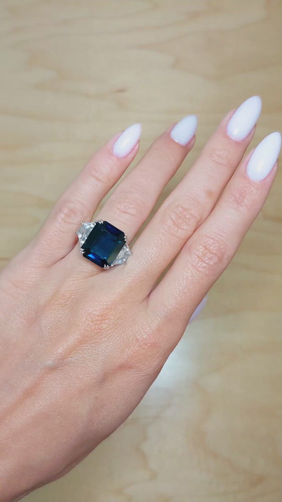 10.24 Ct. Blue Sapphire and Natural Diamond Three Stone Ring, Platinum 950 Size Video