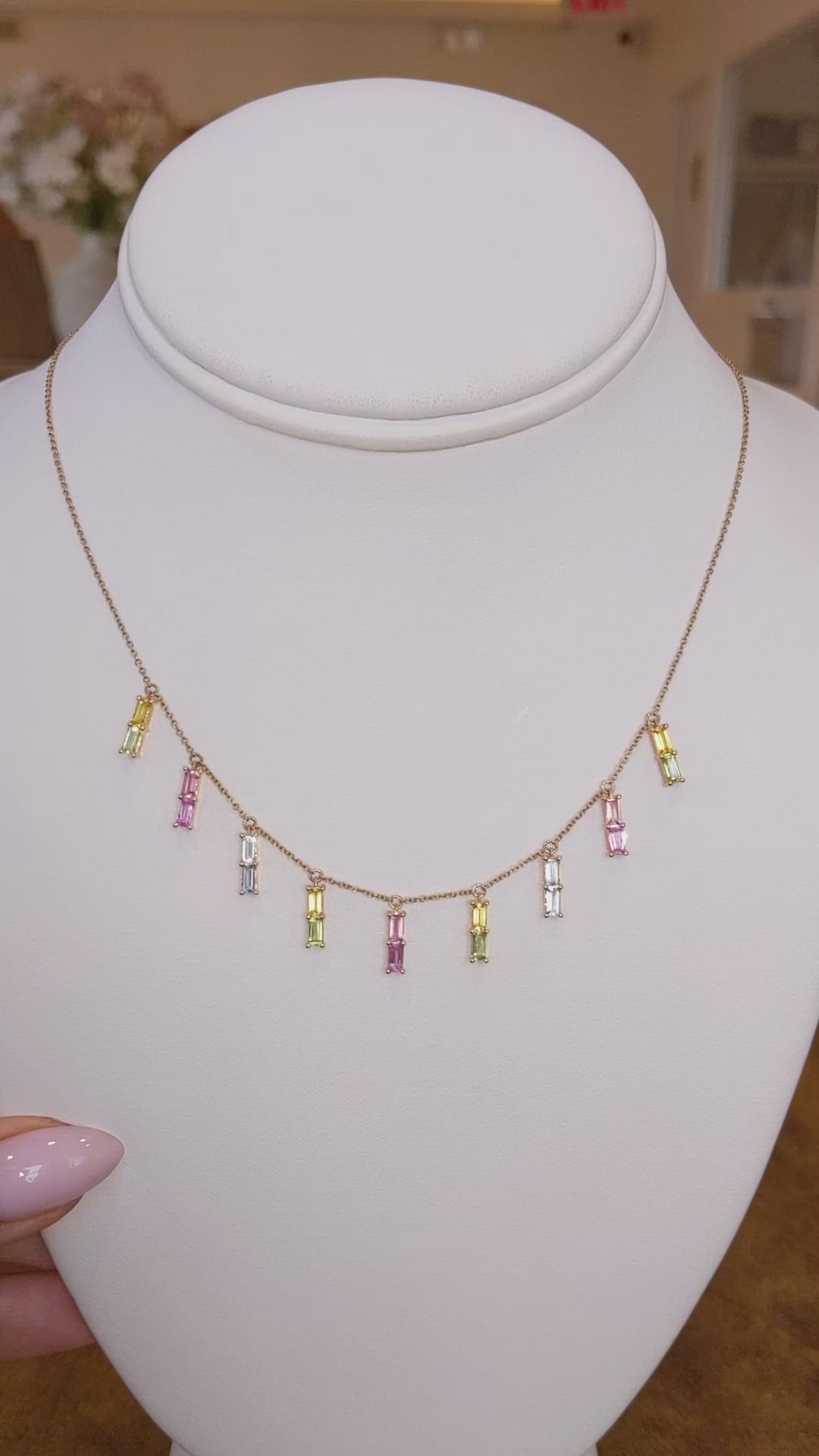 0.46 Ct. Green Peridot, Mixed Sapphire, Blue Aquamarine and Peach Tourmaline Accent Stones Necklace, 14K Yellow Gold Size Video