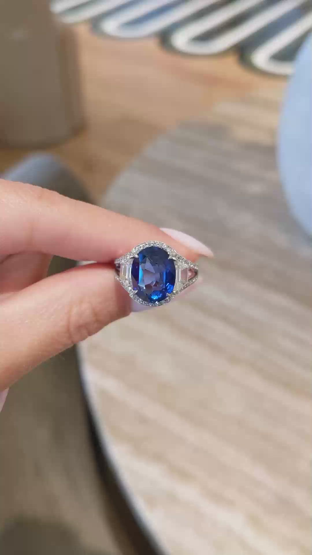 7.09 Ct. Blue Sapphire and Natural Diamond Pave Ring, Platinum 950 Size Video