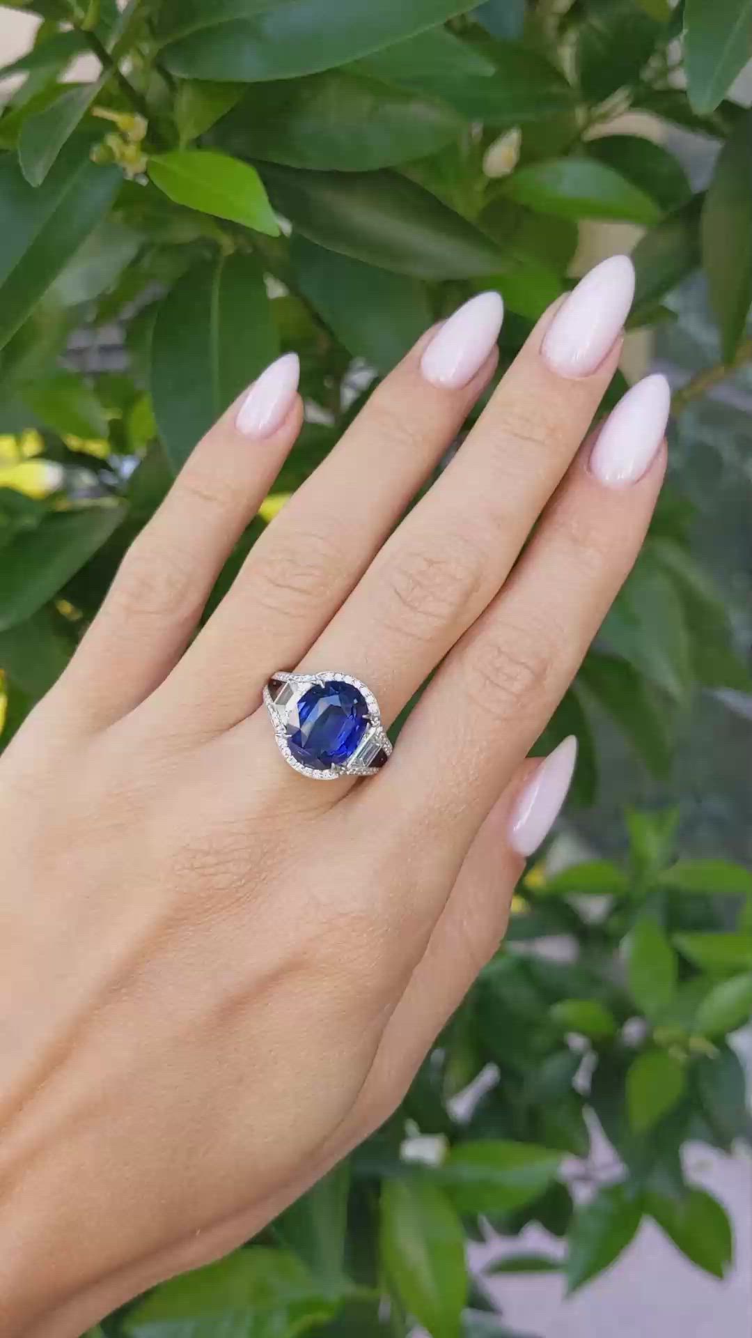 7.09 Ct. Blue Sapphire and Natural Diamond Pave Ring, Platinum 950 Size Video