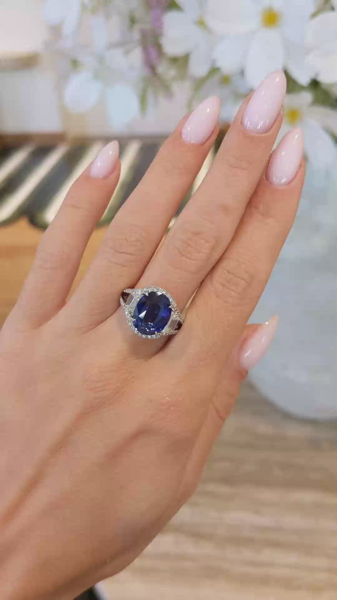 7.09 Ct. Blue Sapphire and Natural Diamond Pave Ring, Platinum 950 Size Video