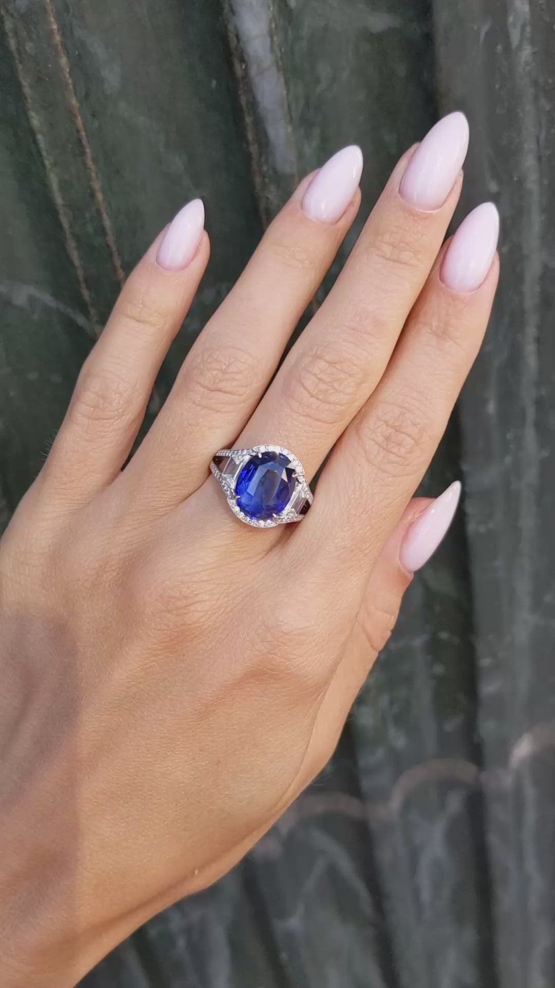 7.09 Ct. Blue Sapphire and Natural Diamond Pave Ring, Platinum 950 Size Video