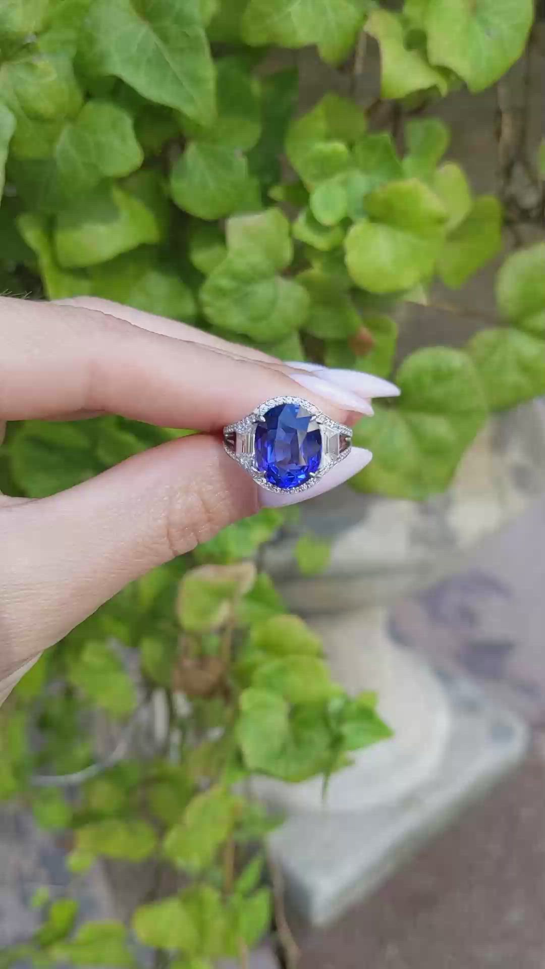 7.09 Ct. Blue Sapphire and Natural Diamond Pave Ring, Platinum 950 Size Video