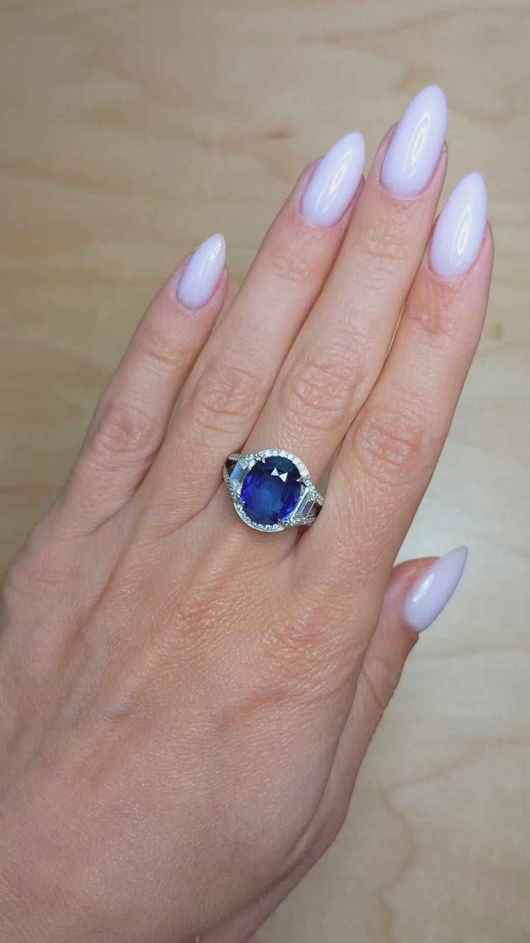 7.09 Ct. Blue Sapphire and Natural Diamond Pave Ring, Platinum 950 Size Video