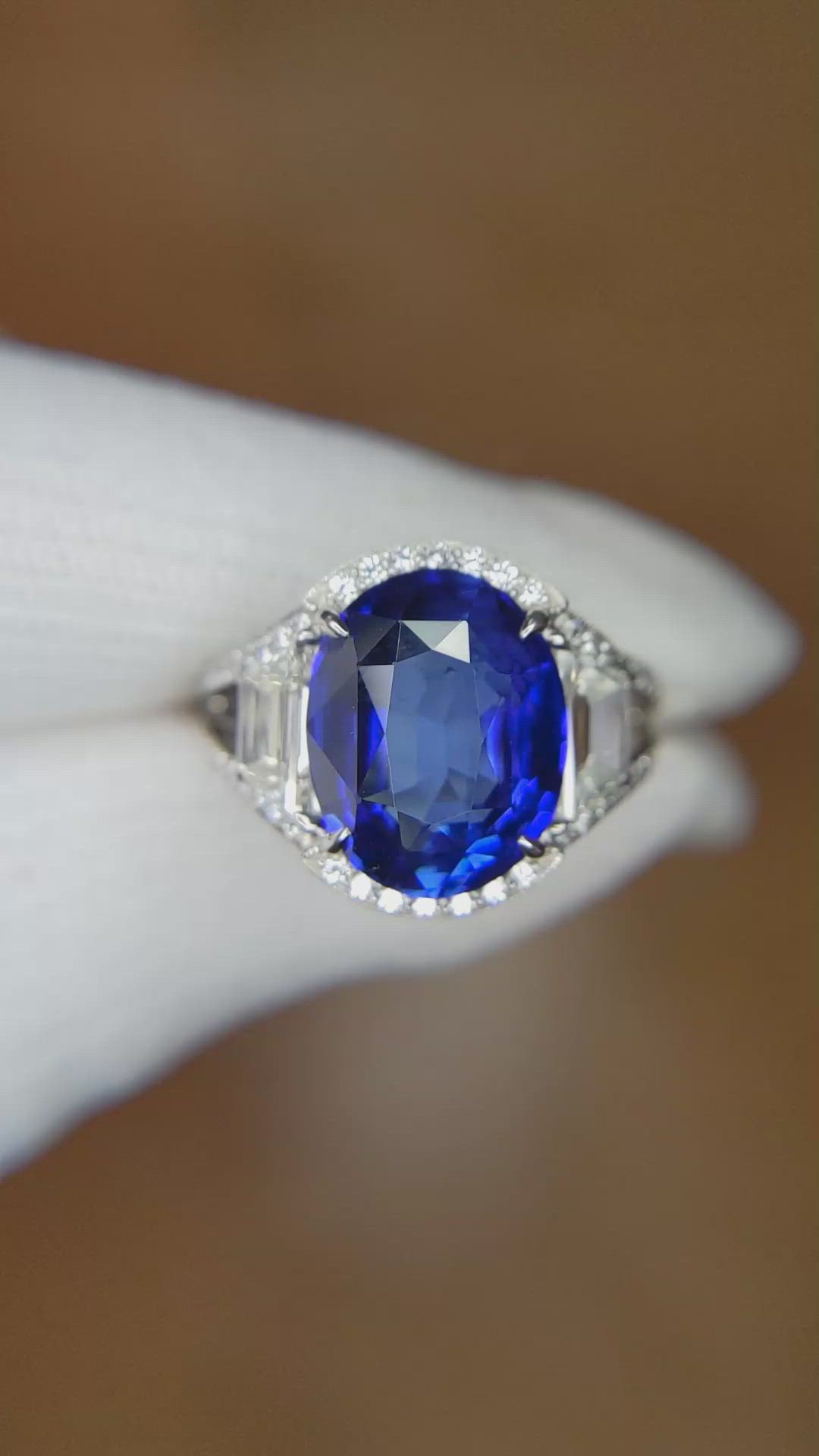 7.09 Ct. Blue Sapphire and Natural Diamond Pave Ring, Platinum 950 Size Video