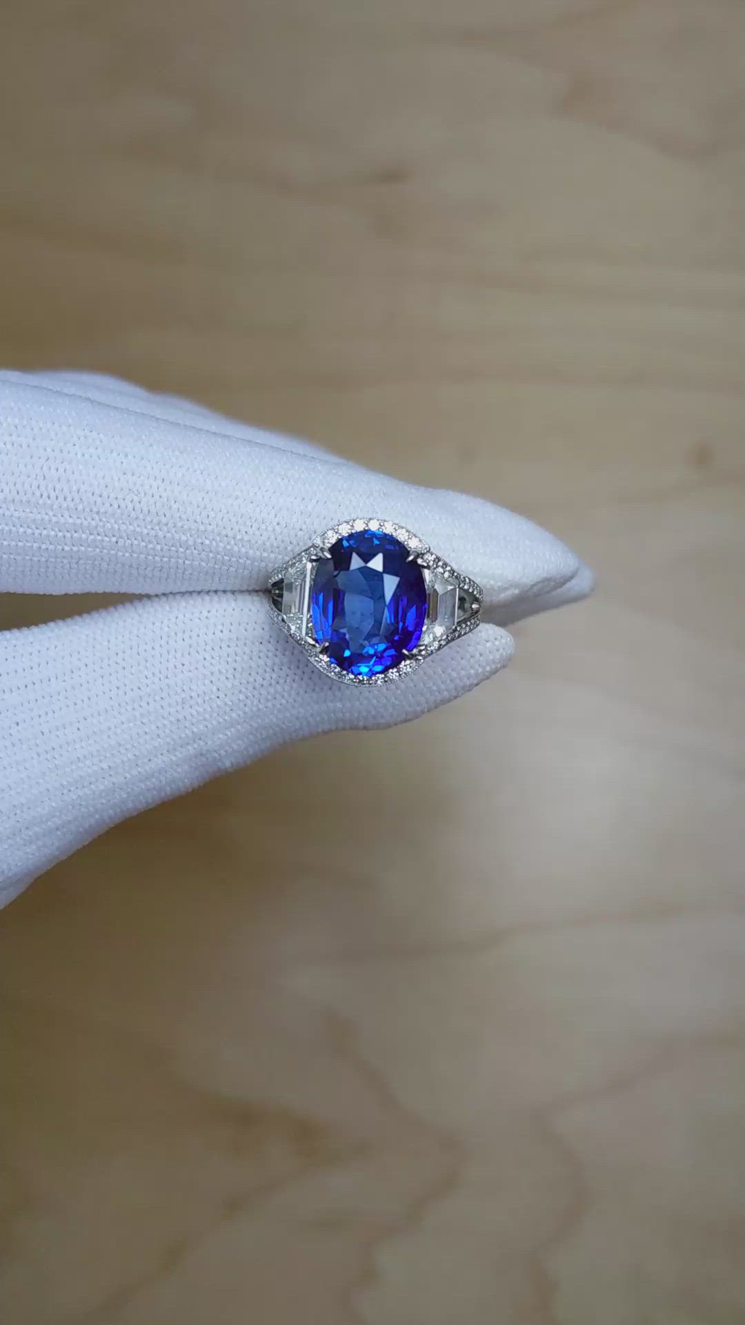 7.09 Ct. Blue Sapphire and Natural Diamond Pave Ring, Platinum 950 Size Video