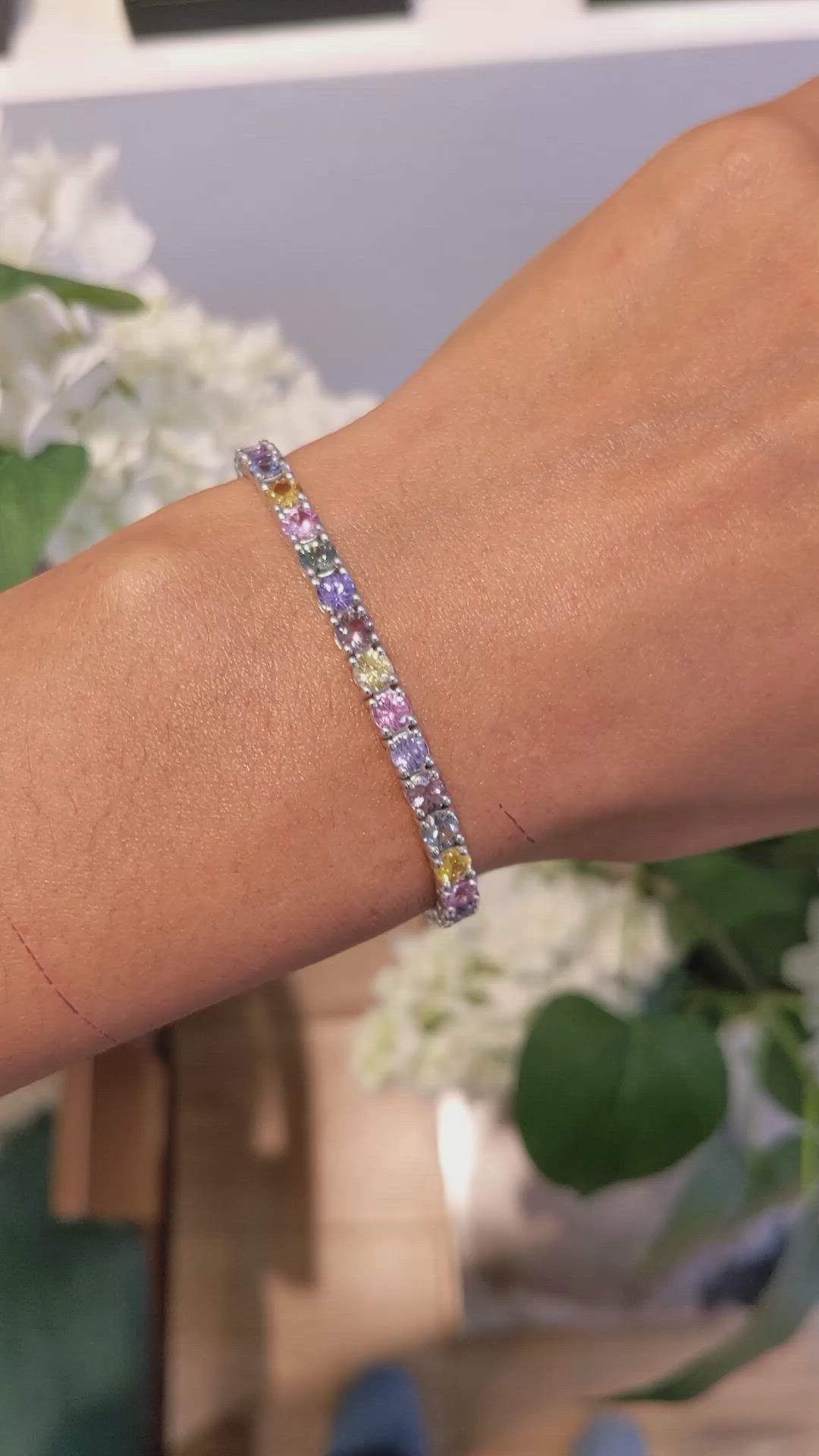 11.10 Ct.Tw. Multi Color Sapphire Tennis/Line Bracelet, 14K White Gold Size Video