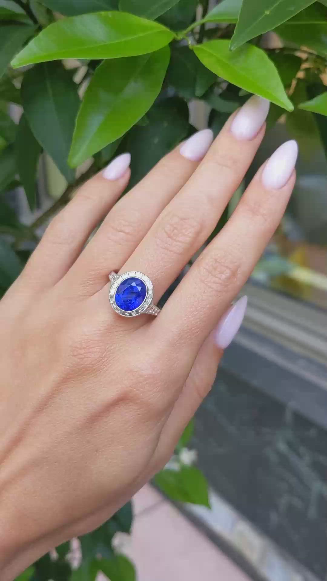 5.07 Ct. Blue Sapphire and Natural Diamond Pave Ring, Platinum 950 Size Video