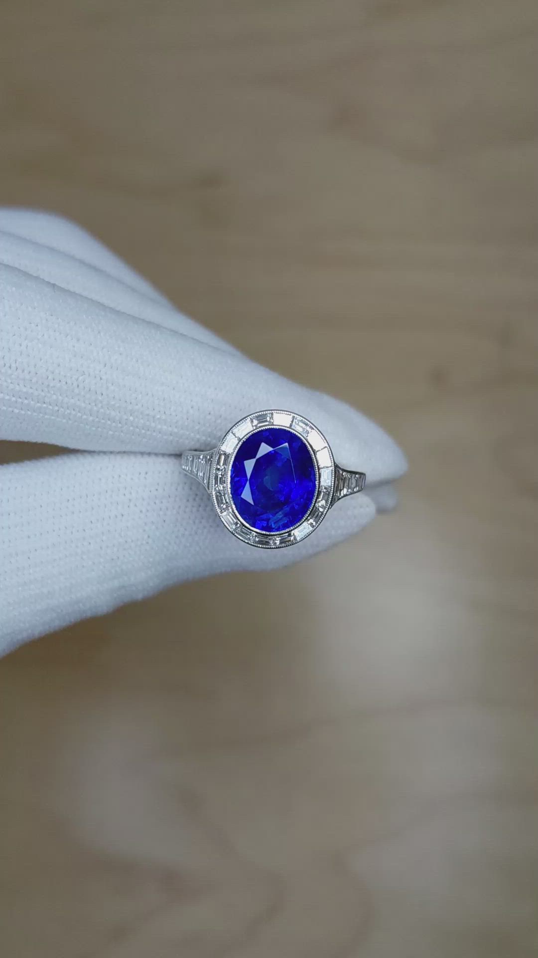 5.07 Ct. Blue Sapphire and Natural Diamond Pave Ring, Platinum 950 Size Video