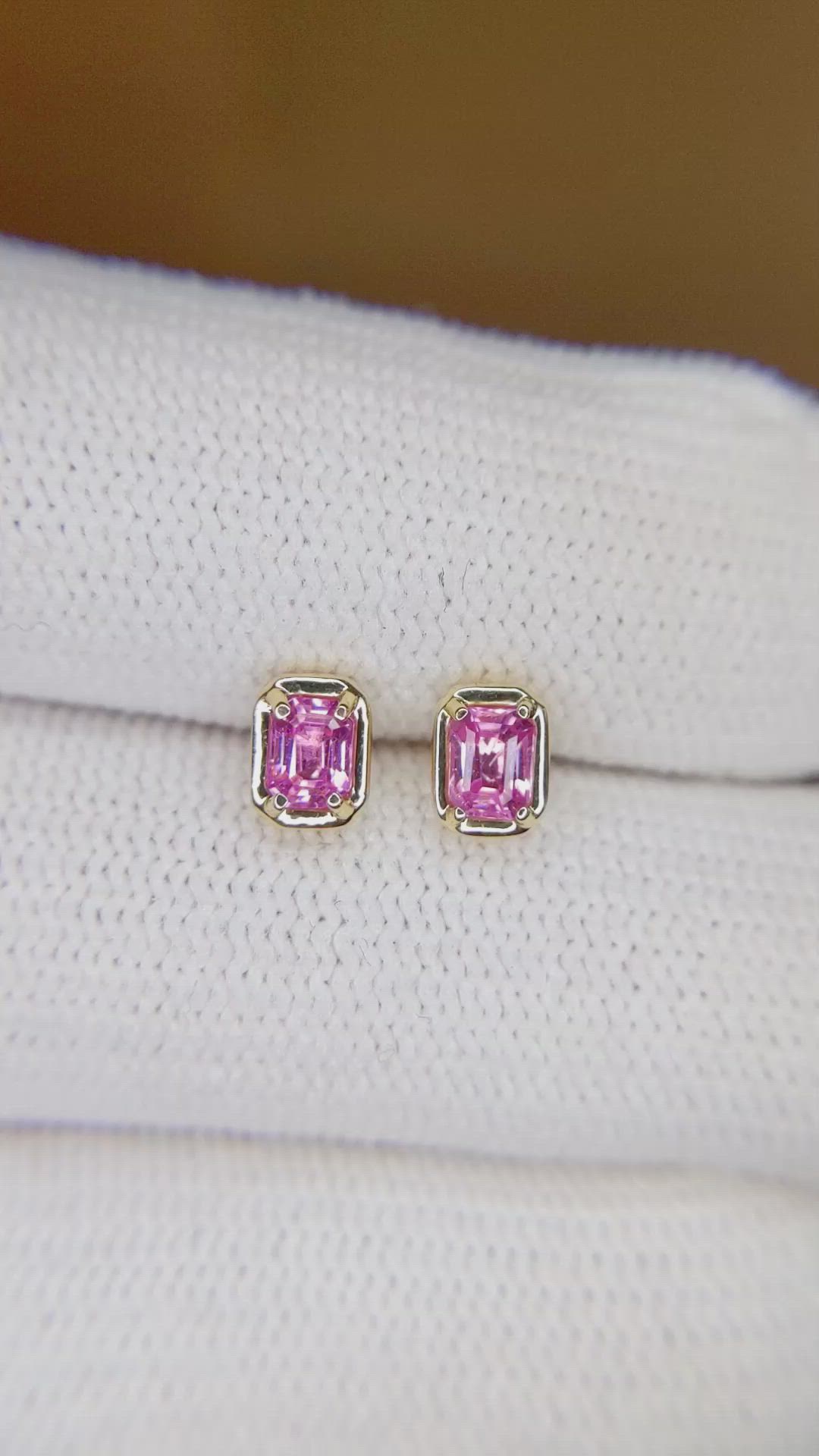 0.48 Ct.Tw.Total Carat Weight Pink Sapphire Studs Earrings, 14K Yellow Gold Size Video