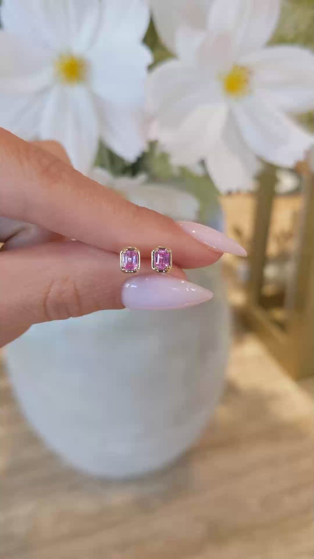 0.48 Ct.Tw.Total Carat Weight Pink Sapphire Studs Earrings, 14K Yellow Gold Size Video