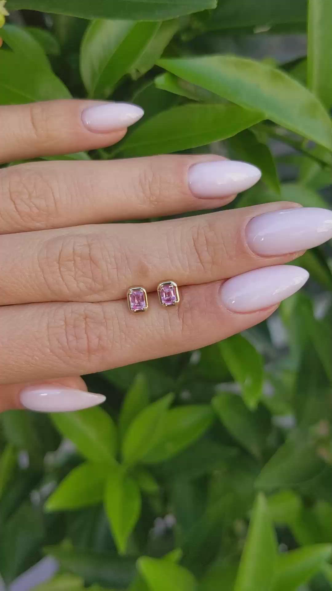 0.48 Ct.Tw.Total Carat Weight Pink Sapphire Studs Earrings, 14K Yellow Gold Size Video