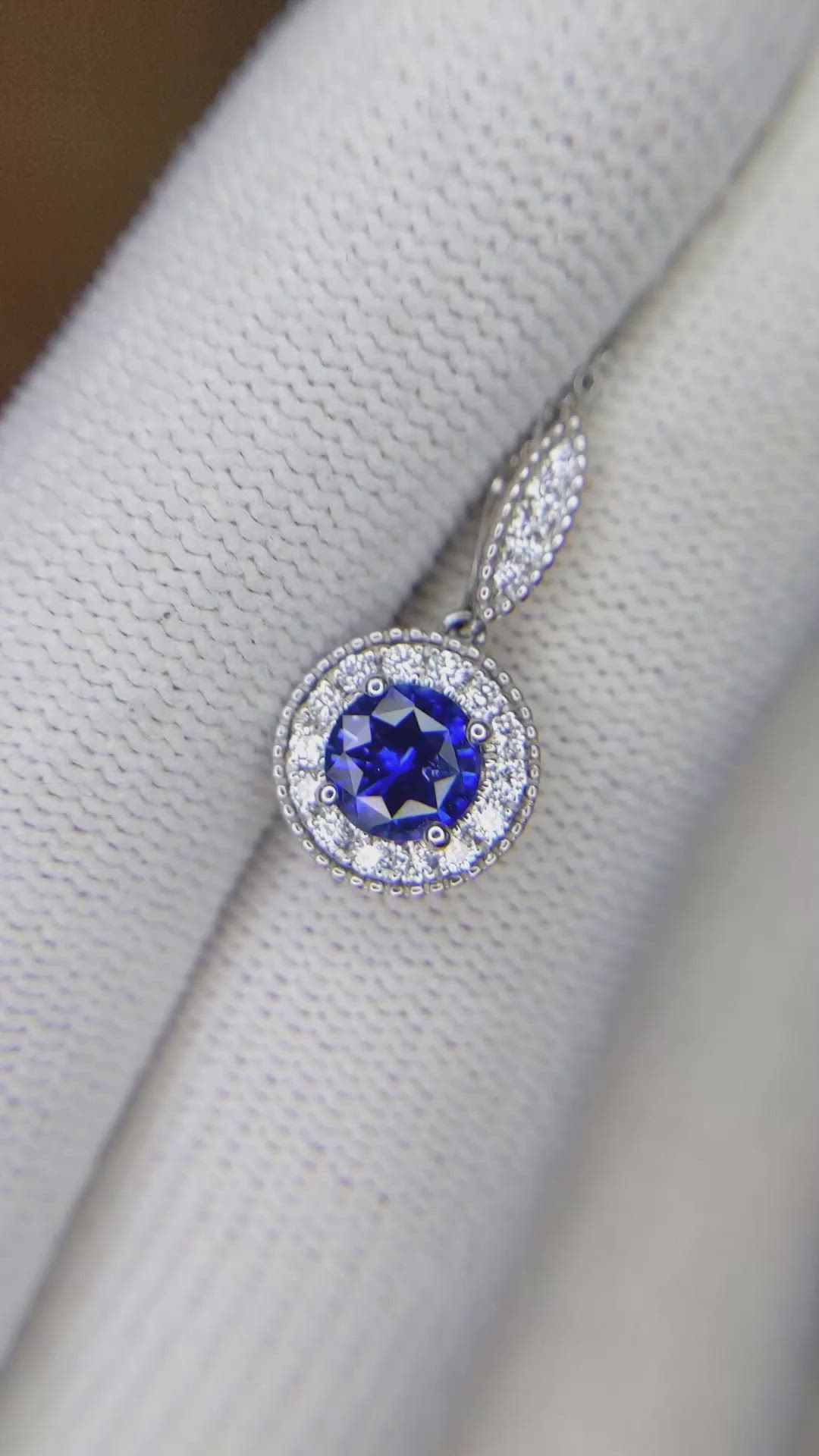 0.90 Ct. Blue Sapphire and Natural Diamond Pave Pendant, 18K White Gold Size Video