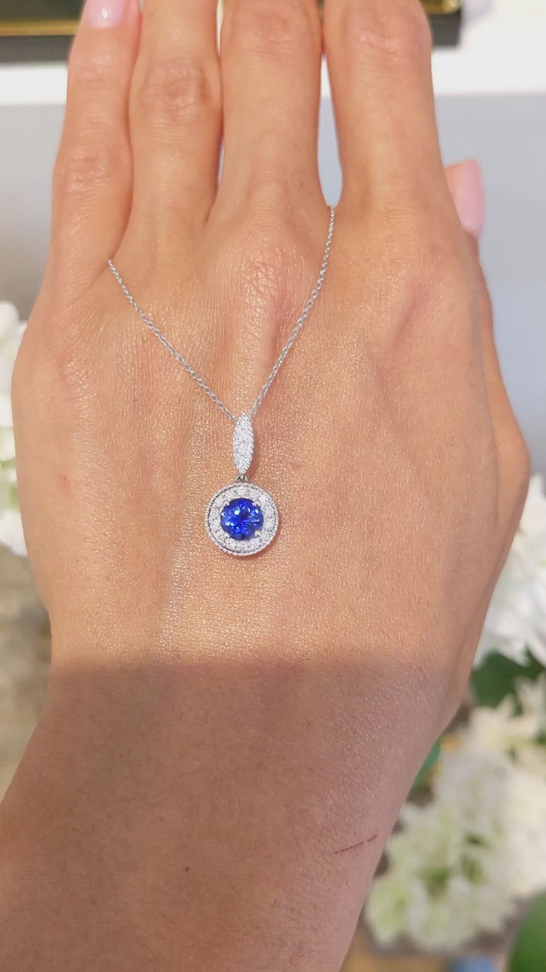 0.90 Ct. Blue Sapphire and Natural Diamond Pave Pendant, 18K White Gold Size Video