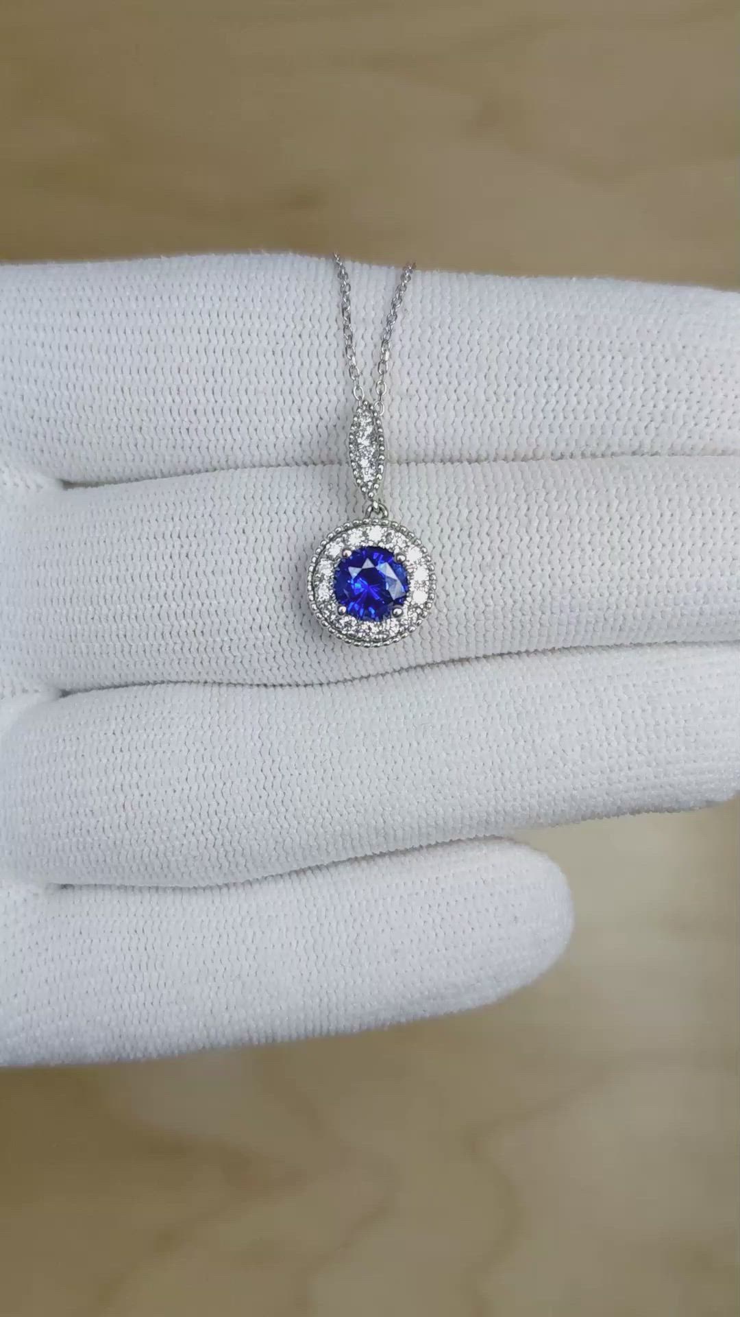 0.90 Ct. Blue Sapphire and Natural Diamond Pave Pendant, 18K White Gold Size Video