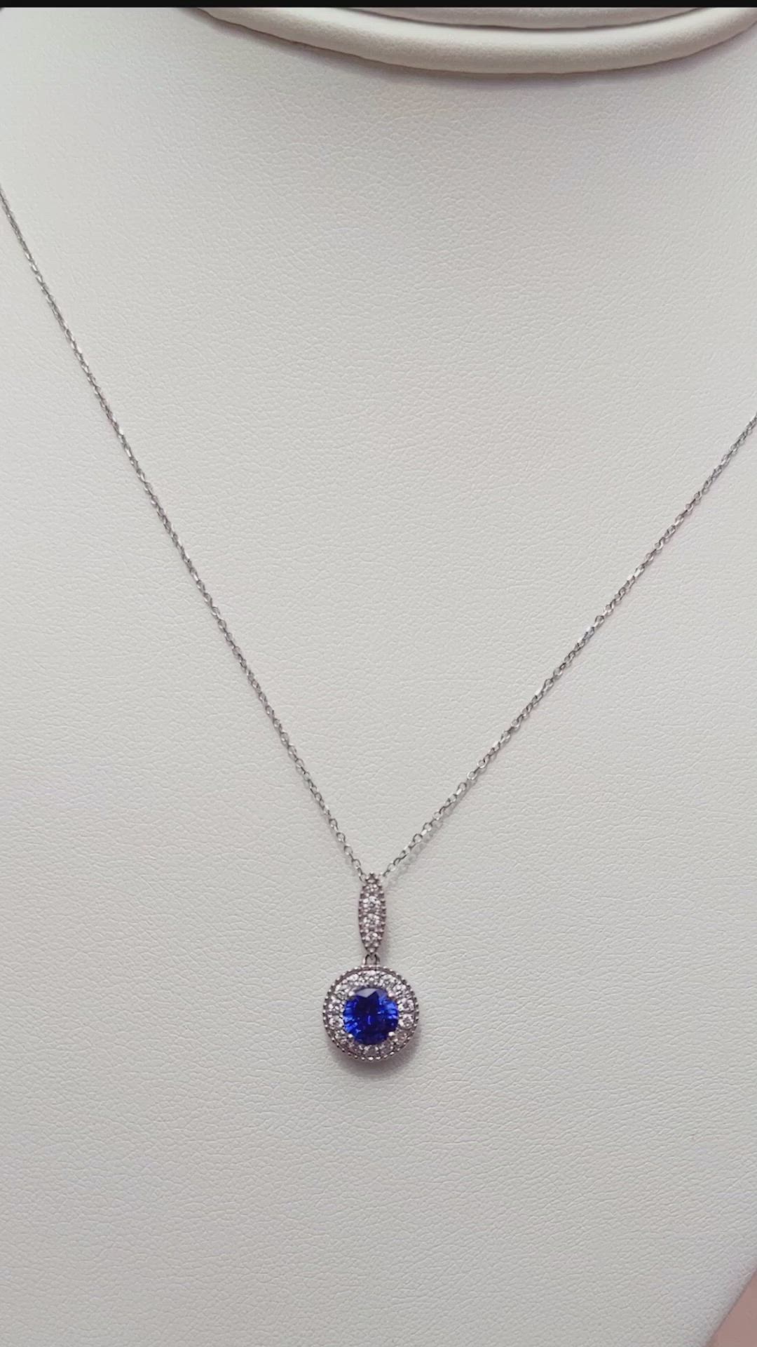0.90 Ct. Blue Sapphire and Natural Diamond Pave Pendant, 18K White Gold Size Video