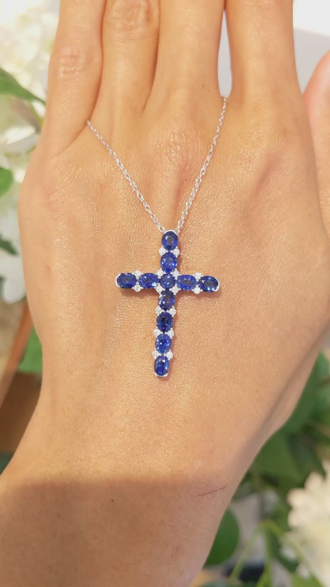 3.50 Ct. Blue Sapphire and Natural Diamond Pave Pendant, 18K White Gold Size Video