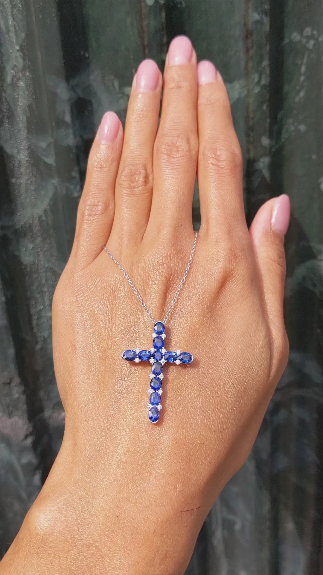 3.50 Ct. Blue Sapphire and Natural Diamond Pave Pendant, 18K White Gold Size Video