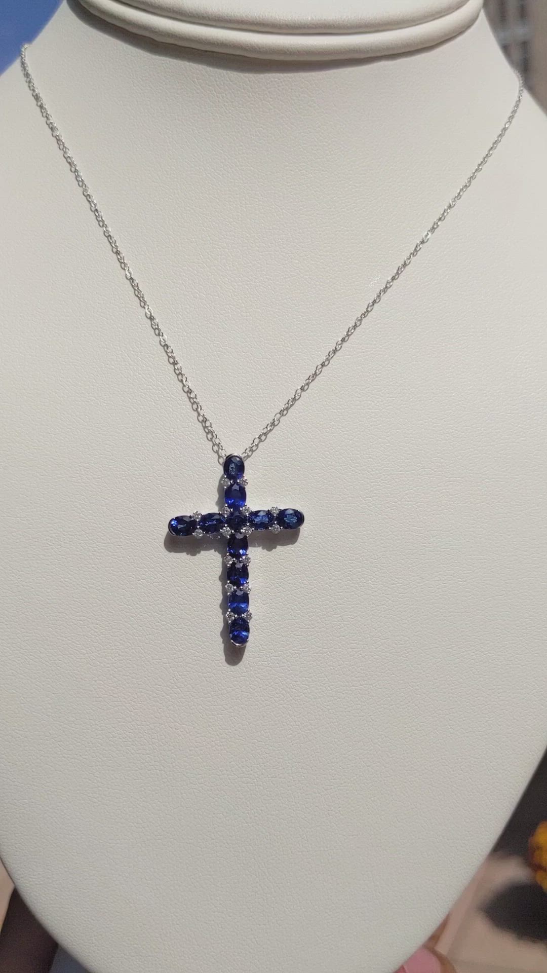 3.50 Ct. Blue Sapphire and Natural Diamond Pave Pendant, 18K White Gold Size Video