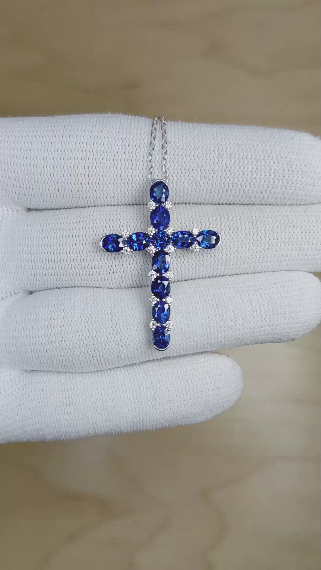 3.50 Ct. Blue Sapphire and Natural Diamond Pave Pendant, 18K White Gold Size Video