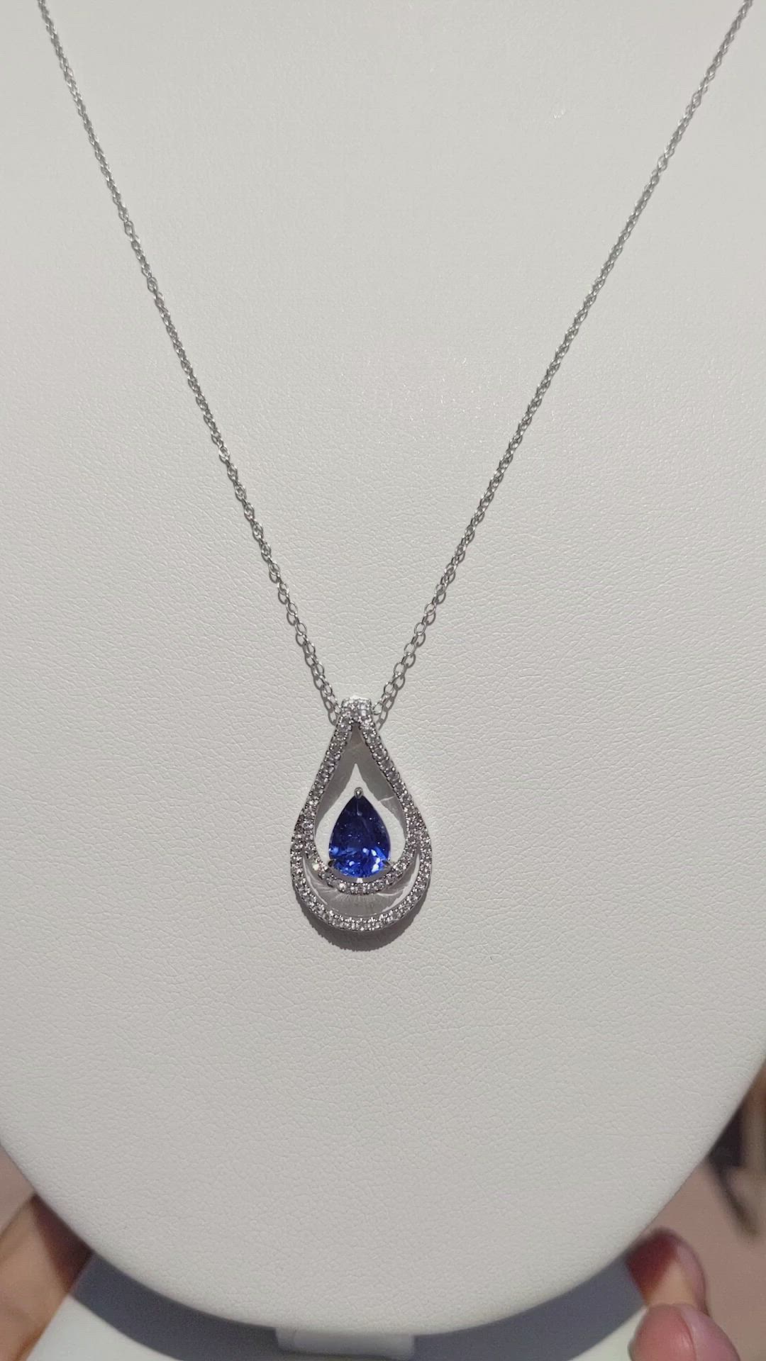 1.68 Ct. Blue Sapphire and Natural Diamond Pave Pendant, 18K White Gold Size Video