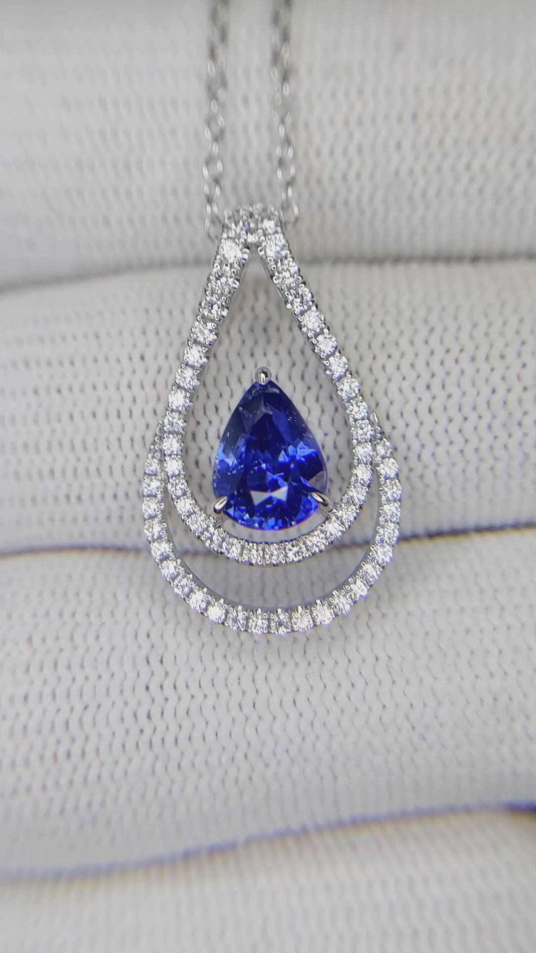 1.68 Ct. Blue Sapphire and Natural Diamond Pave Pendant, 18K White Gold Size Video