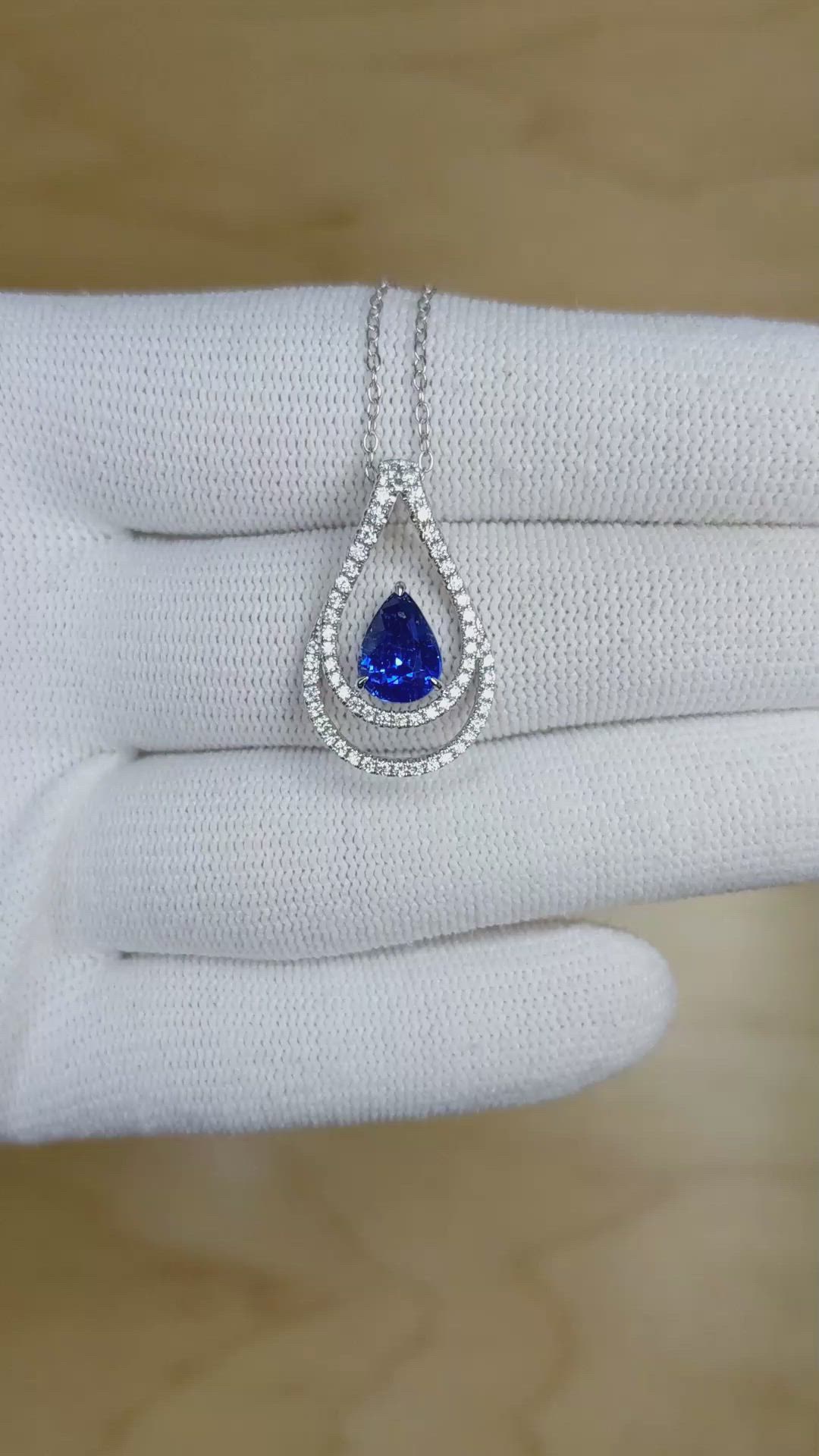 1.68 Ct. Blue Sapphire and Natural Diamond Pave Pendant, 18K White Gold Size Video