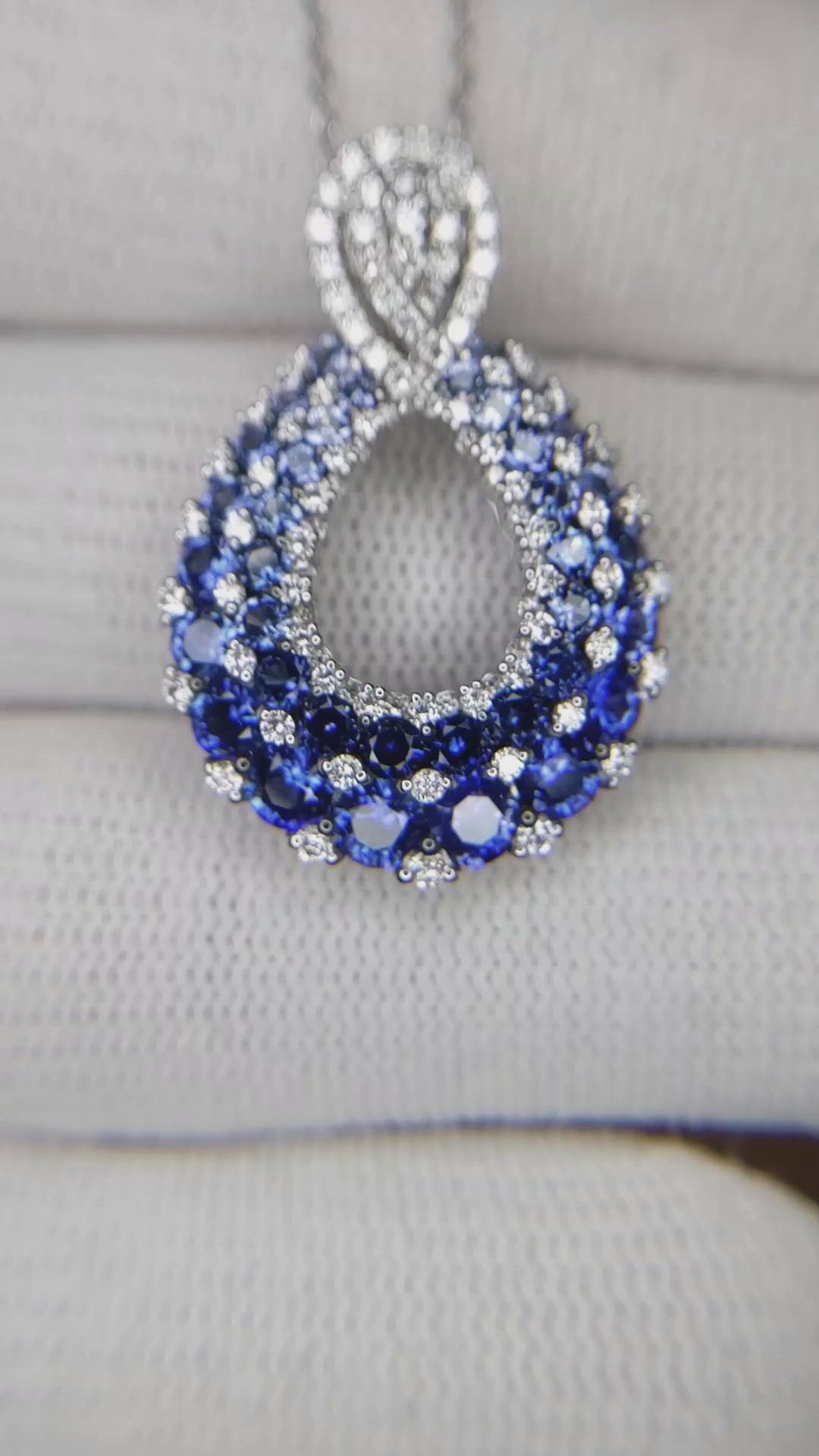 2.27 Ct. Blue Sapphire and Natural Diamond Pave Pendant, 18K White Gold Size Video
